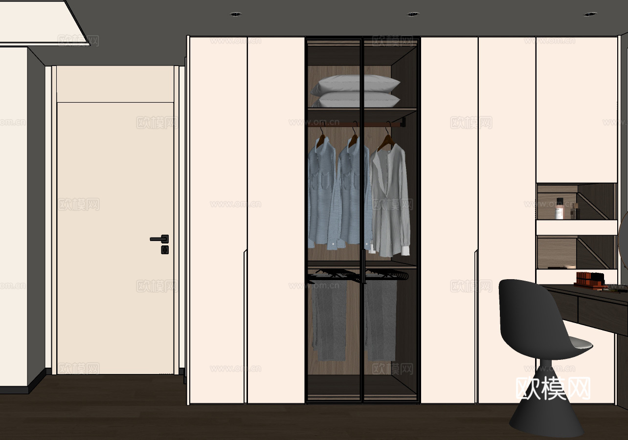现代卧室衣柜 转角衣柜梳妆台一体  玻璃门衣柜 梳妆凳su模型