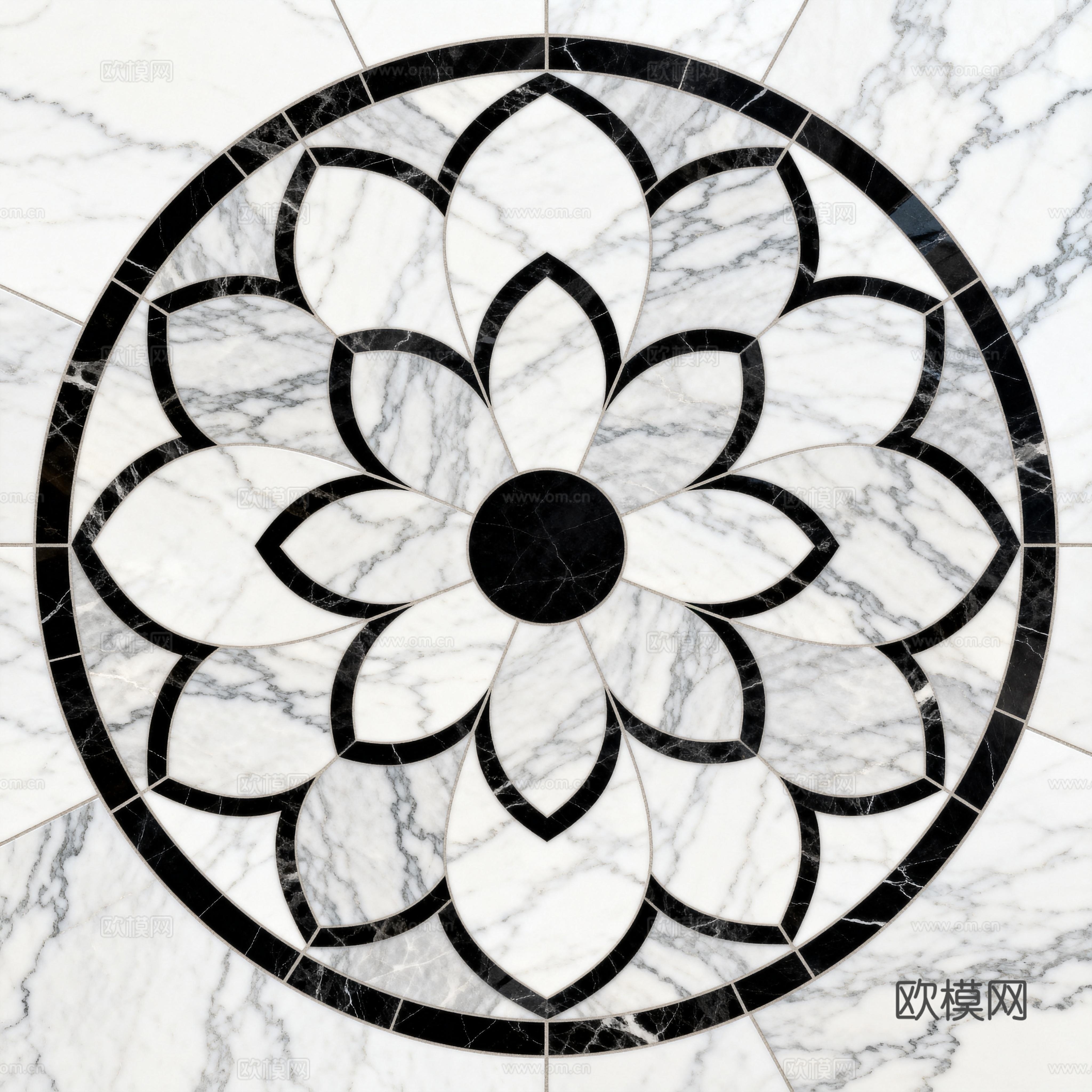 轻奢黑白拼花大理石 黑白石材圆形拼花 玄关圆形拼花