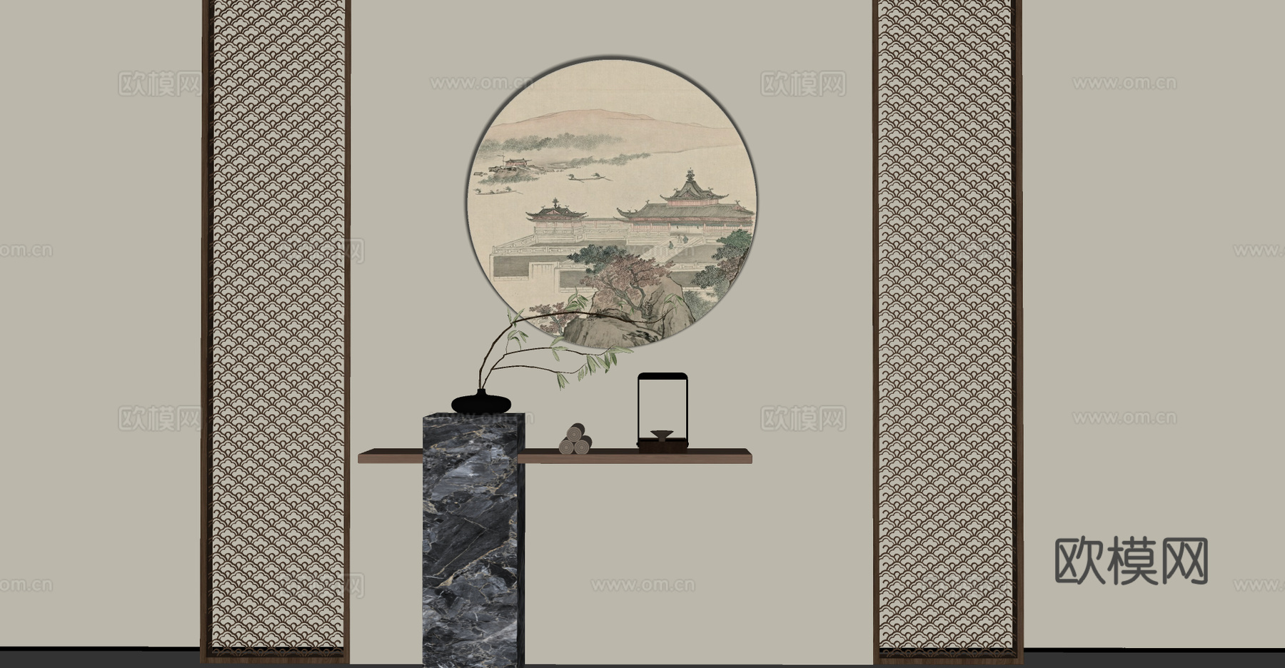 新中式装饰性玄关 木制屏风 装饰端景su模型