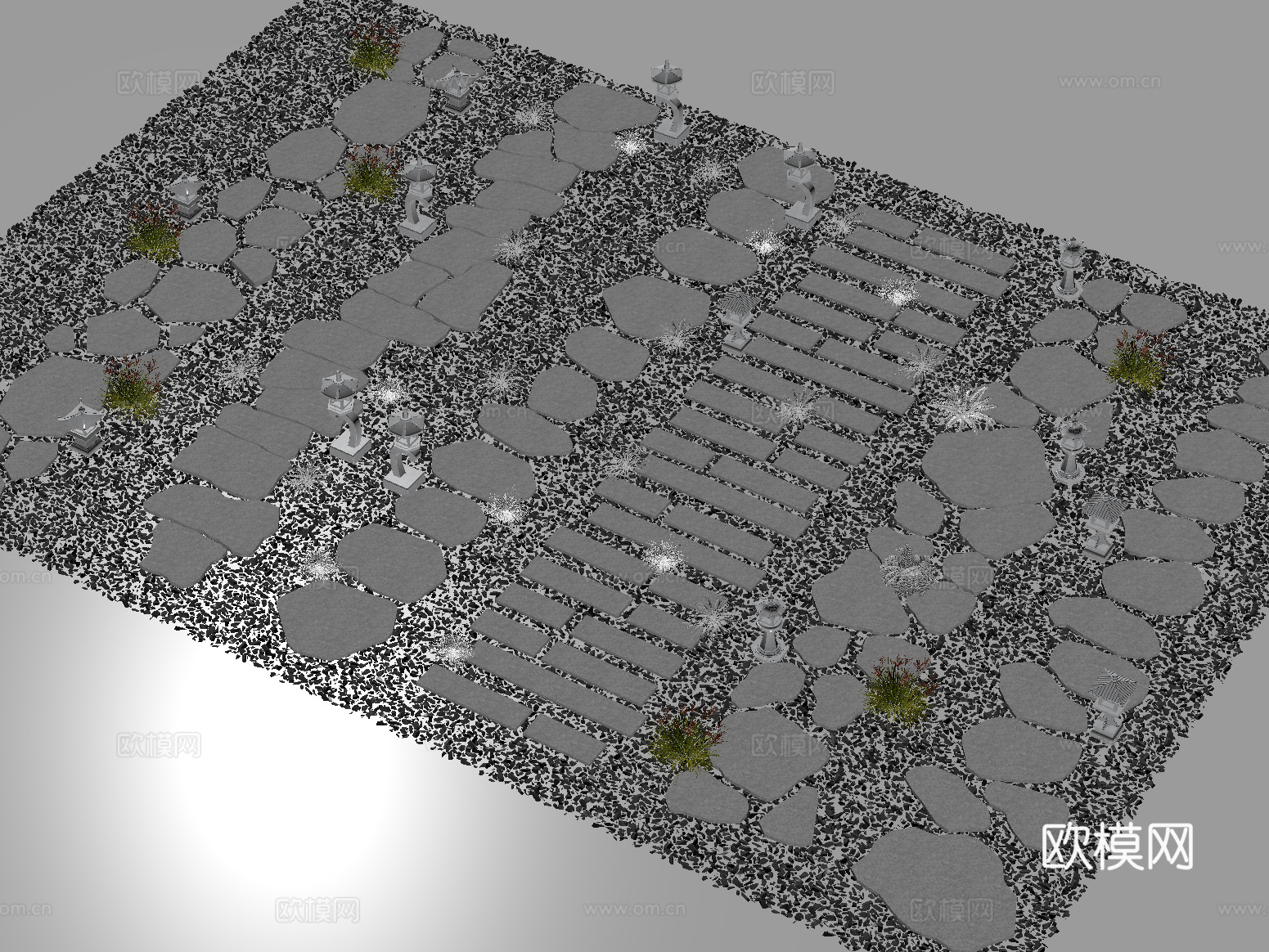 新中式汀步 园林石板路 碎石步道su模型
