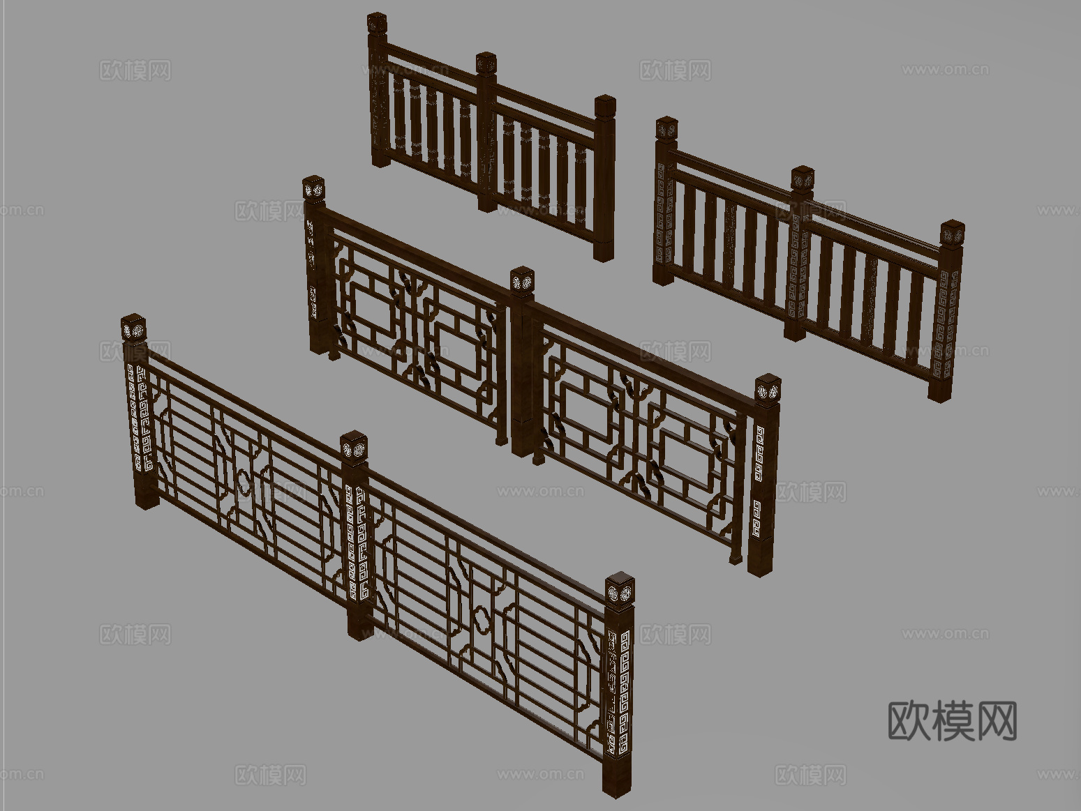 新中式栏杆护栏 栅栏围栏 实木围栏护栏su模型