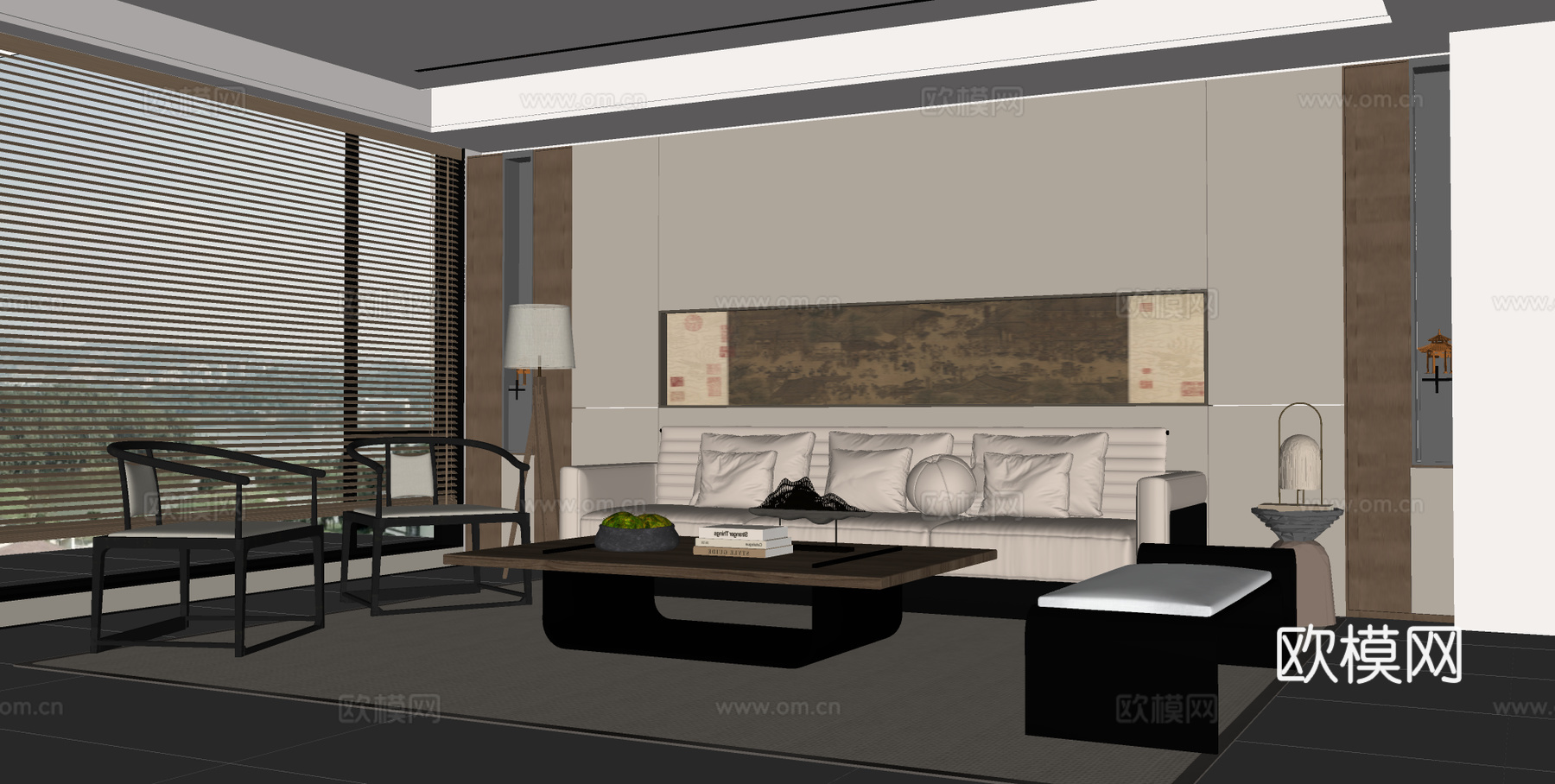 宋式禅意客厅 沙发背景墙 禅意沙发组合 长形茶几su模型