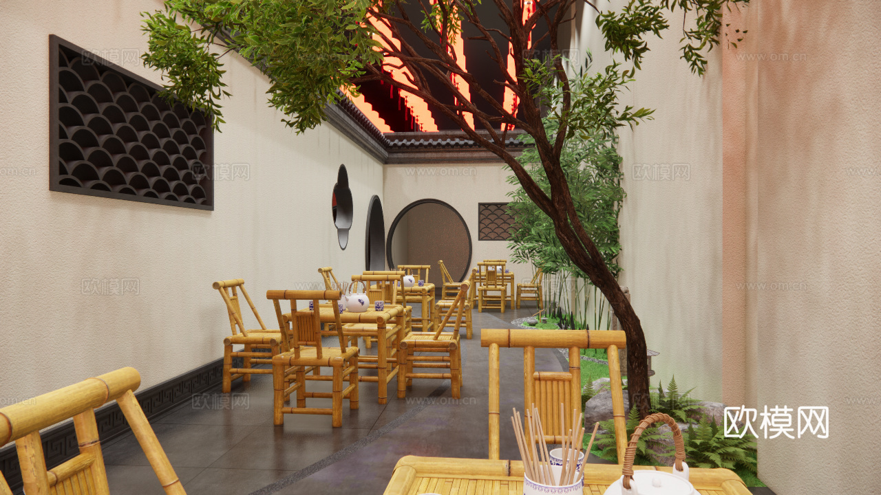 中式餐饮空间，食堂，餐厅，新中式su模型