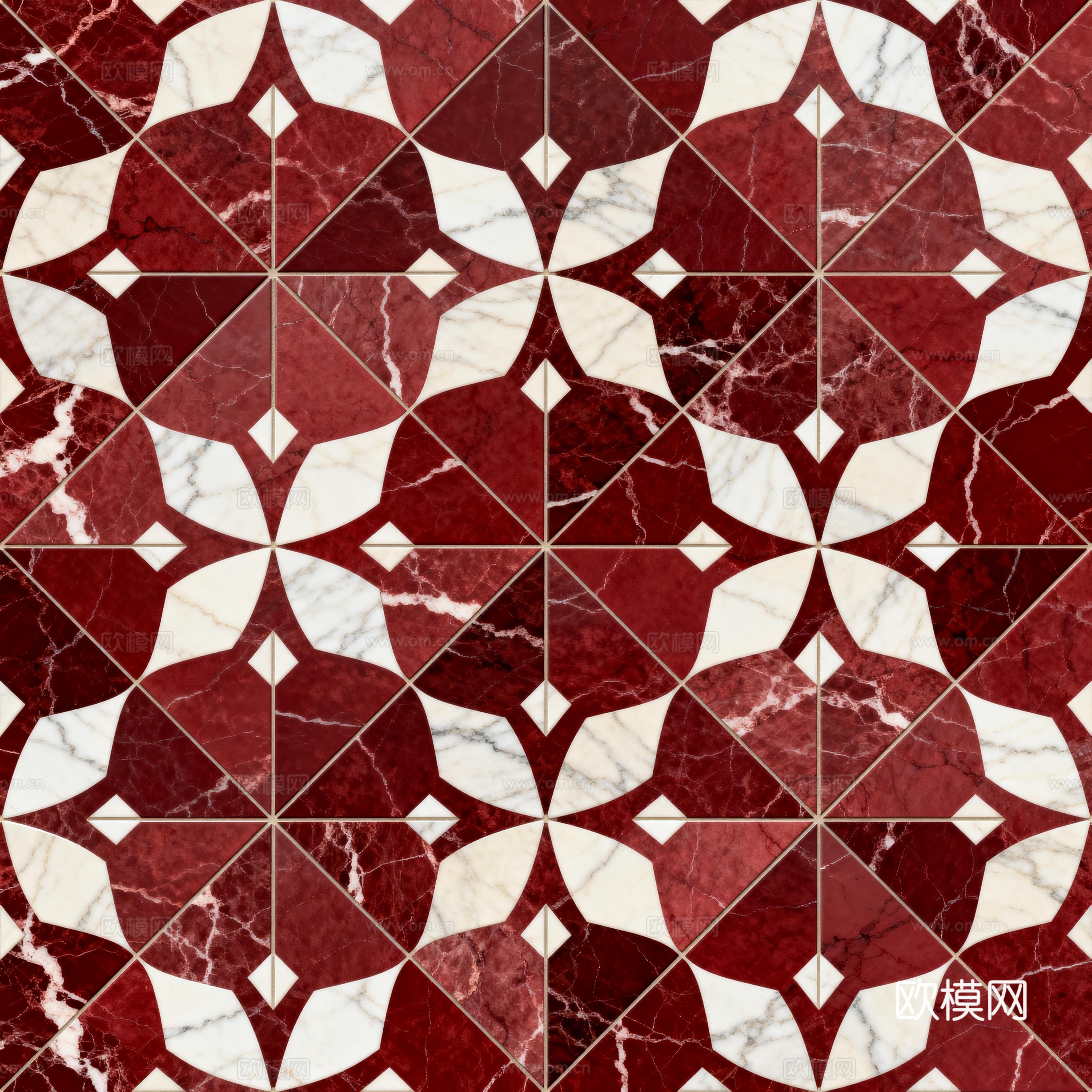 红白石材拼花 花卉几何图案水切刀拼花地砖 轻奢红白拼花大理石