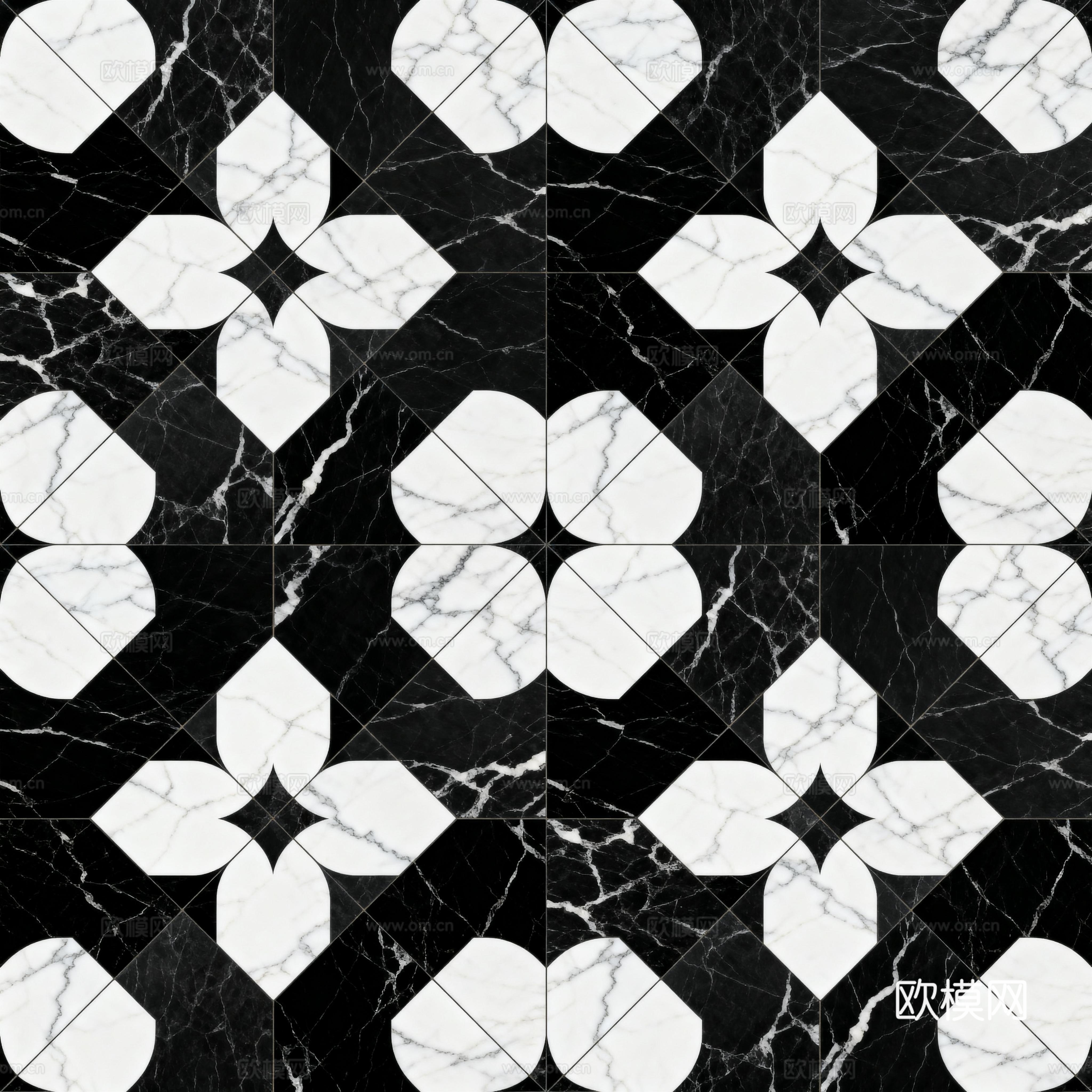 现代花砖 黑白石材拼花 花卉几何图案水刀石材拼花 石材马赛克下载