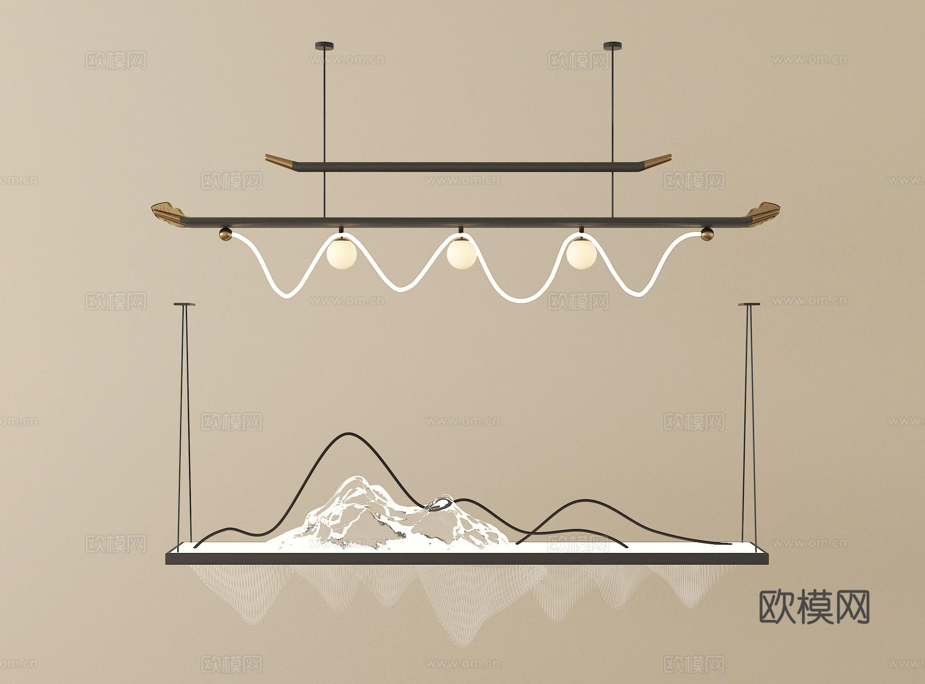 新中式吊灯组合 金属吊灯su模型