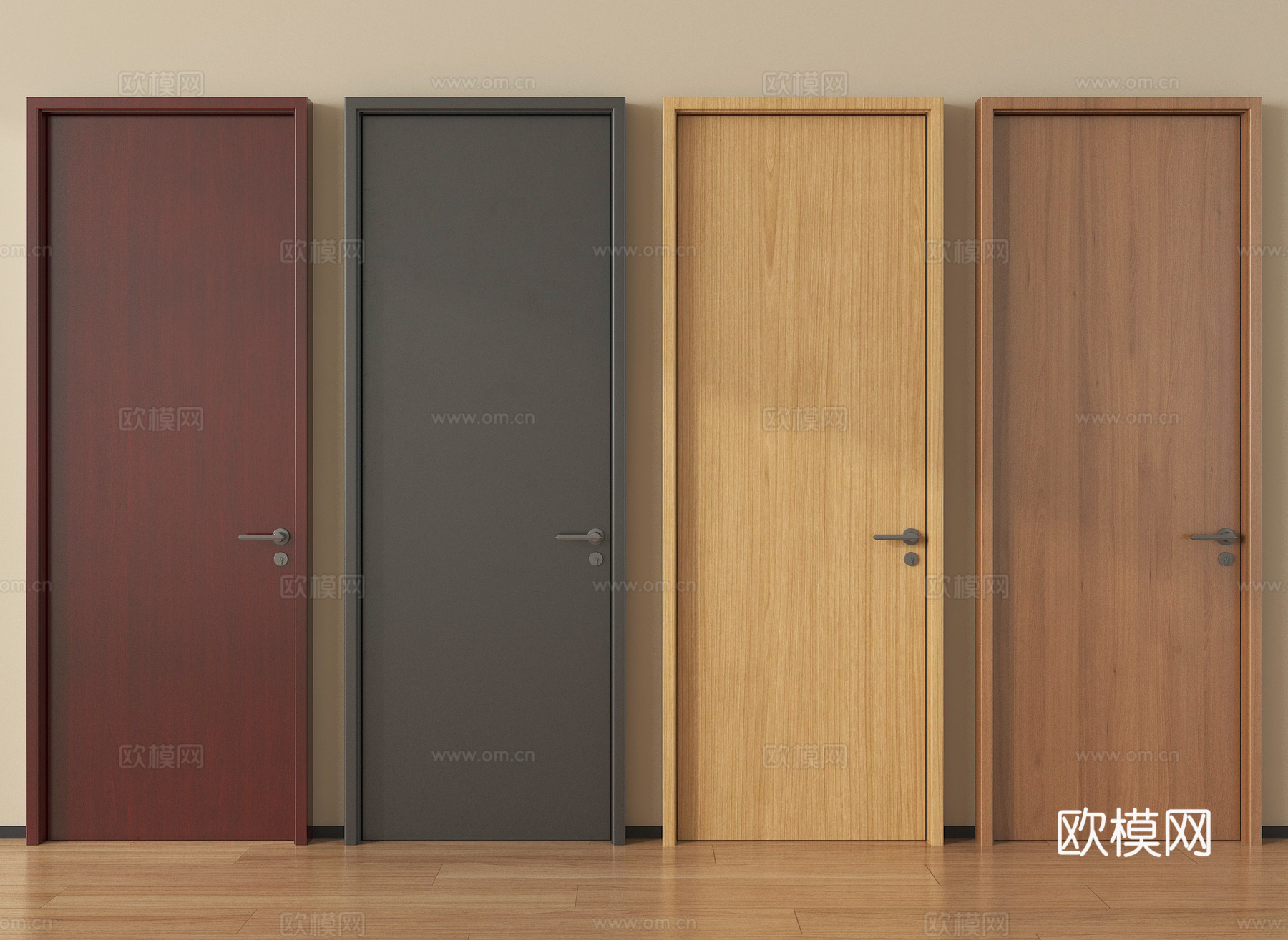 中古风实木平开门 窄框单开门 卧室门su模型