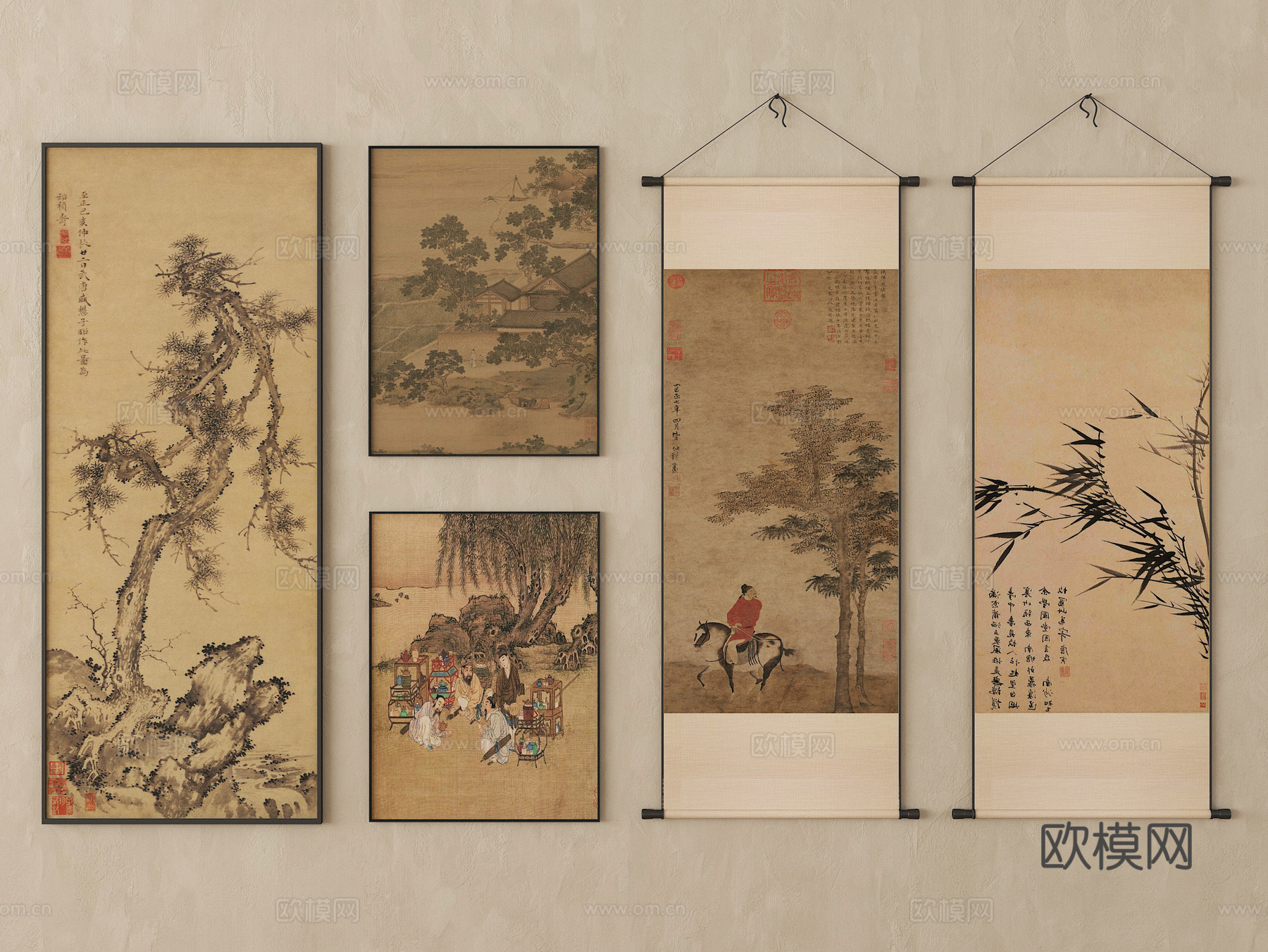 新中式挂画 装饰画 字画 画卷 挂画组合su模型