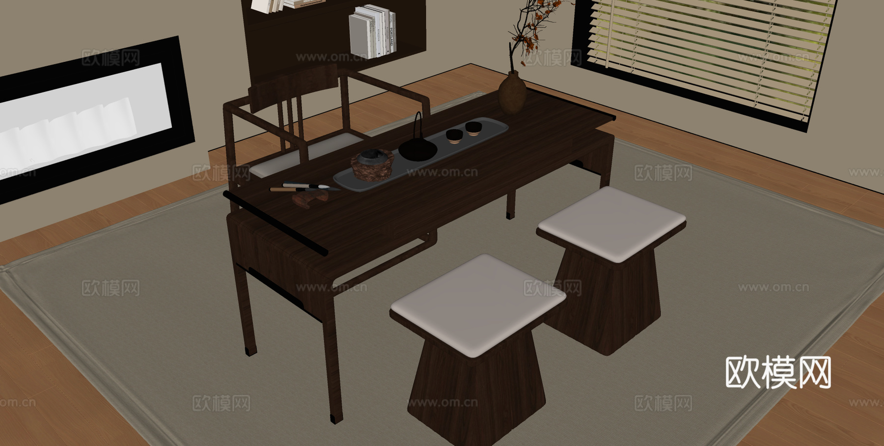 新中式单人茶台 长形茶桌 画案 书法桌su模型