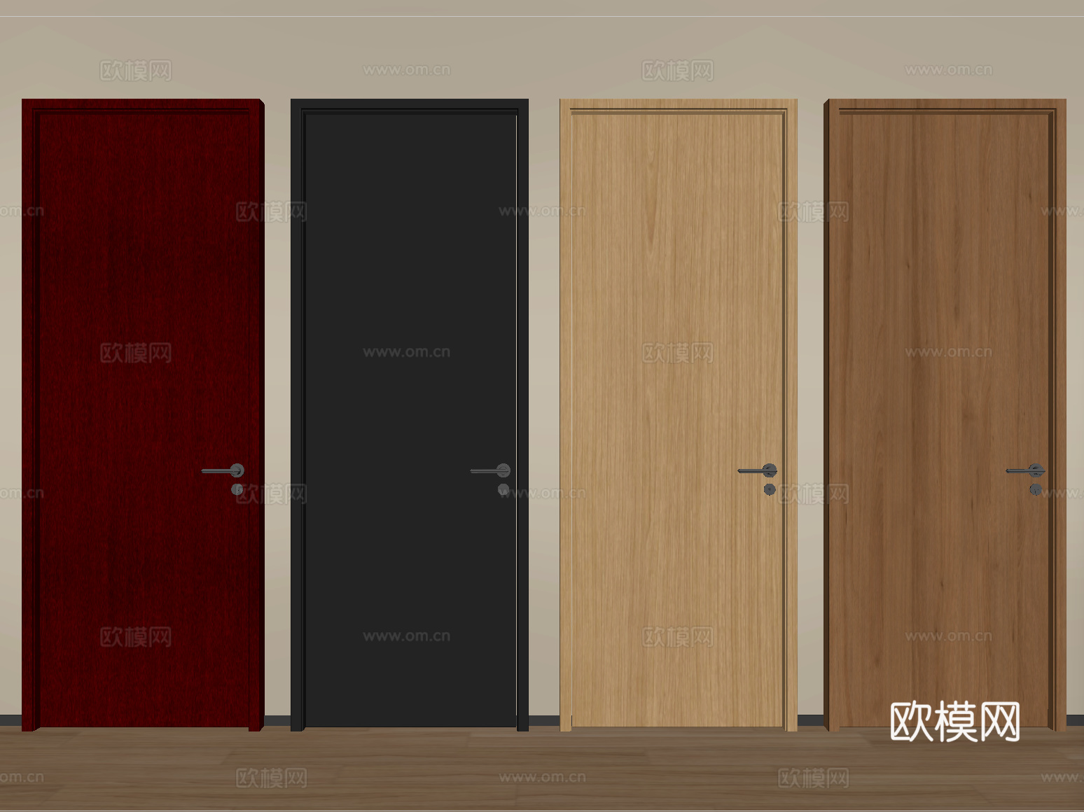 中古风实木平开门 窄框单开门 卧室门su模型