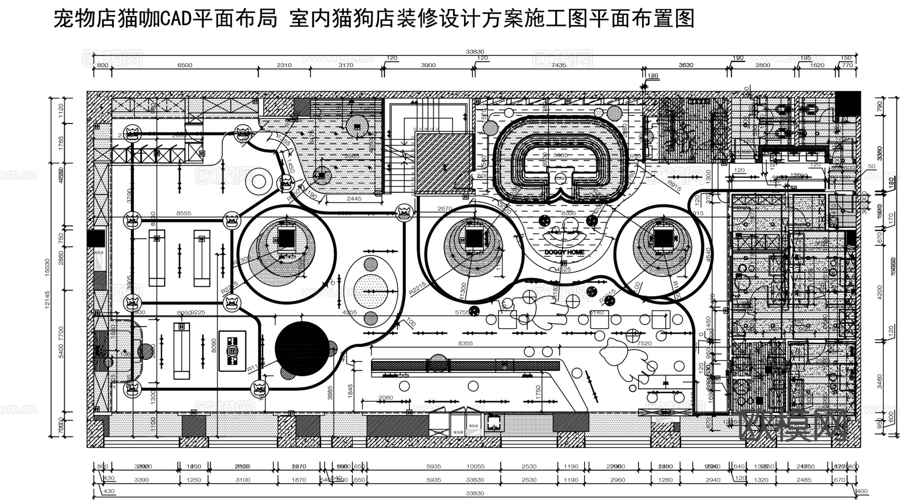 室内猫狗店装修设计方案施工图平面布置图cad施工图