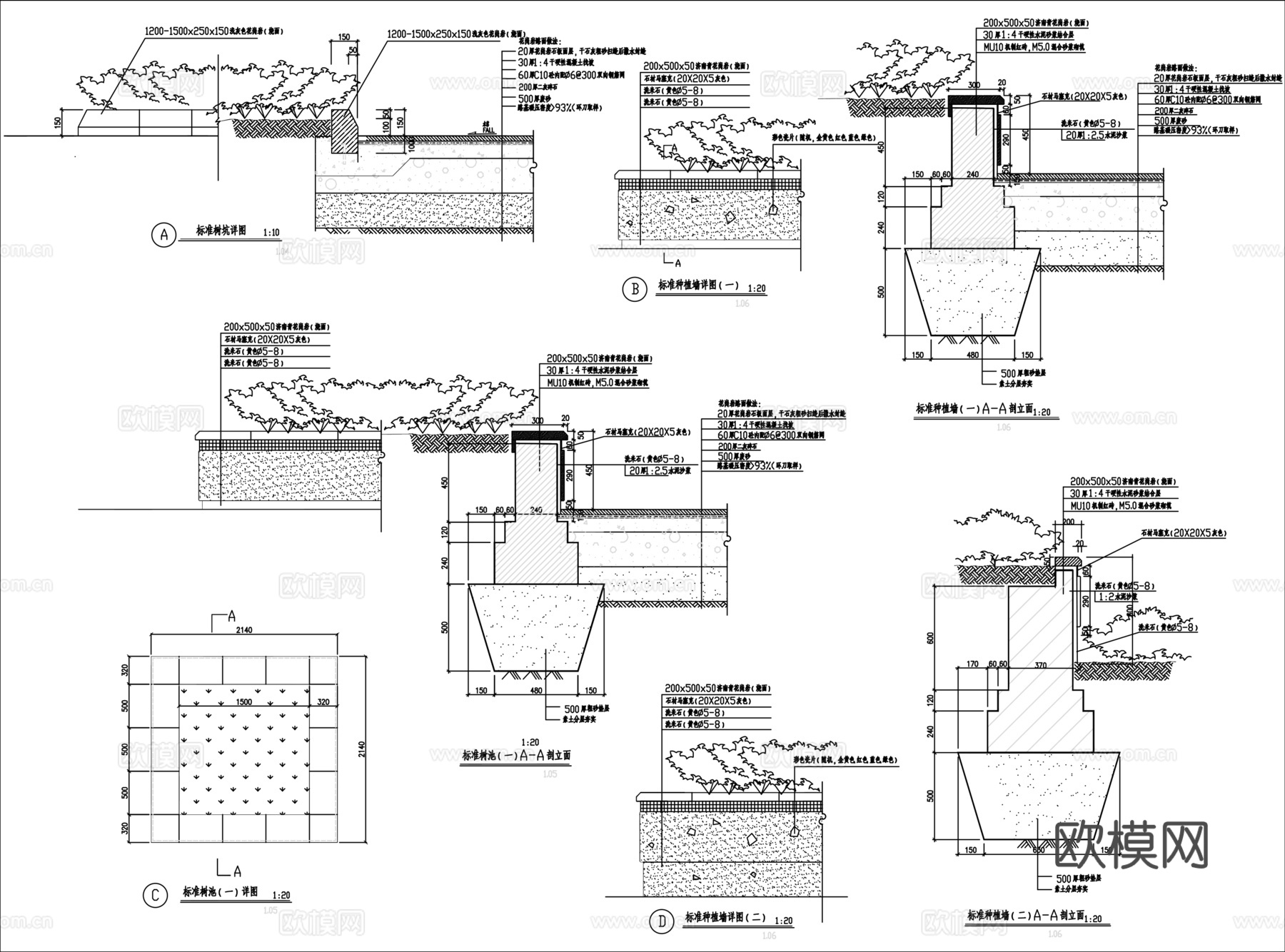 园林景观园路铺地剖断面CAD施工大样图cad施工图