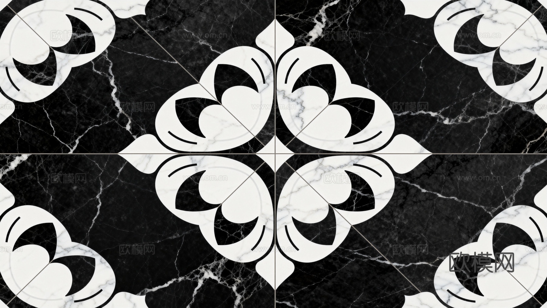 现代花砖 黑白石材拼花 花卉几何图案水刀石材拼花 玄关拼花