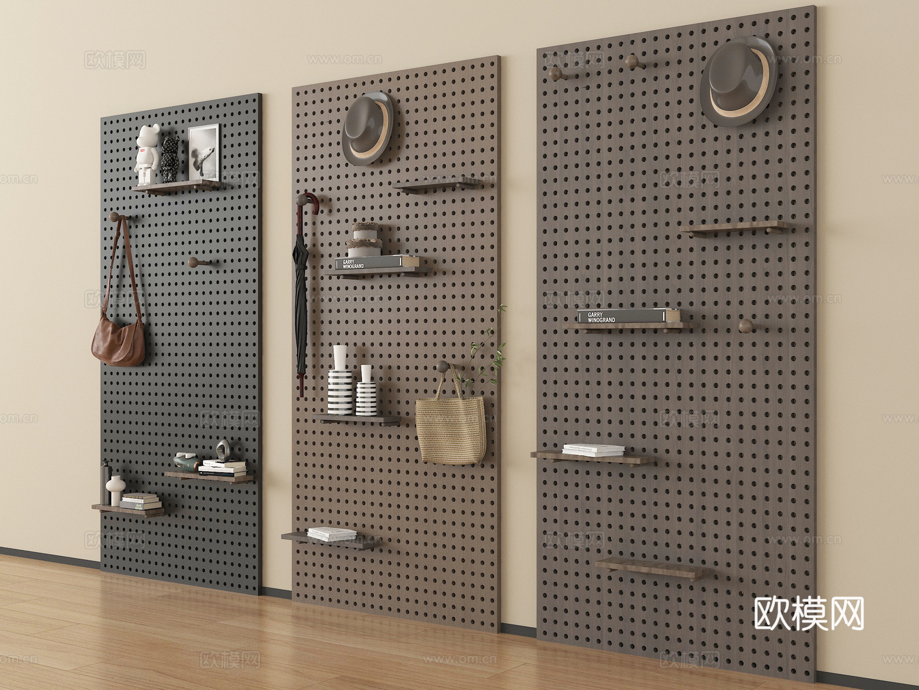 现代洞洞板 墙饰板 墙饰挂件 置物架 摆件 展板su模型