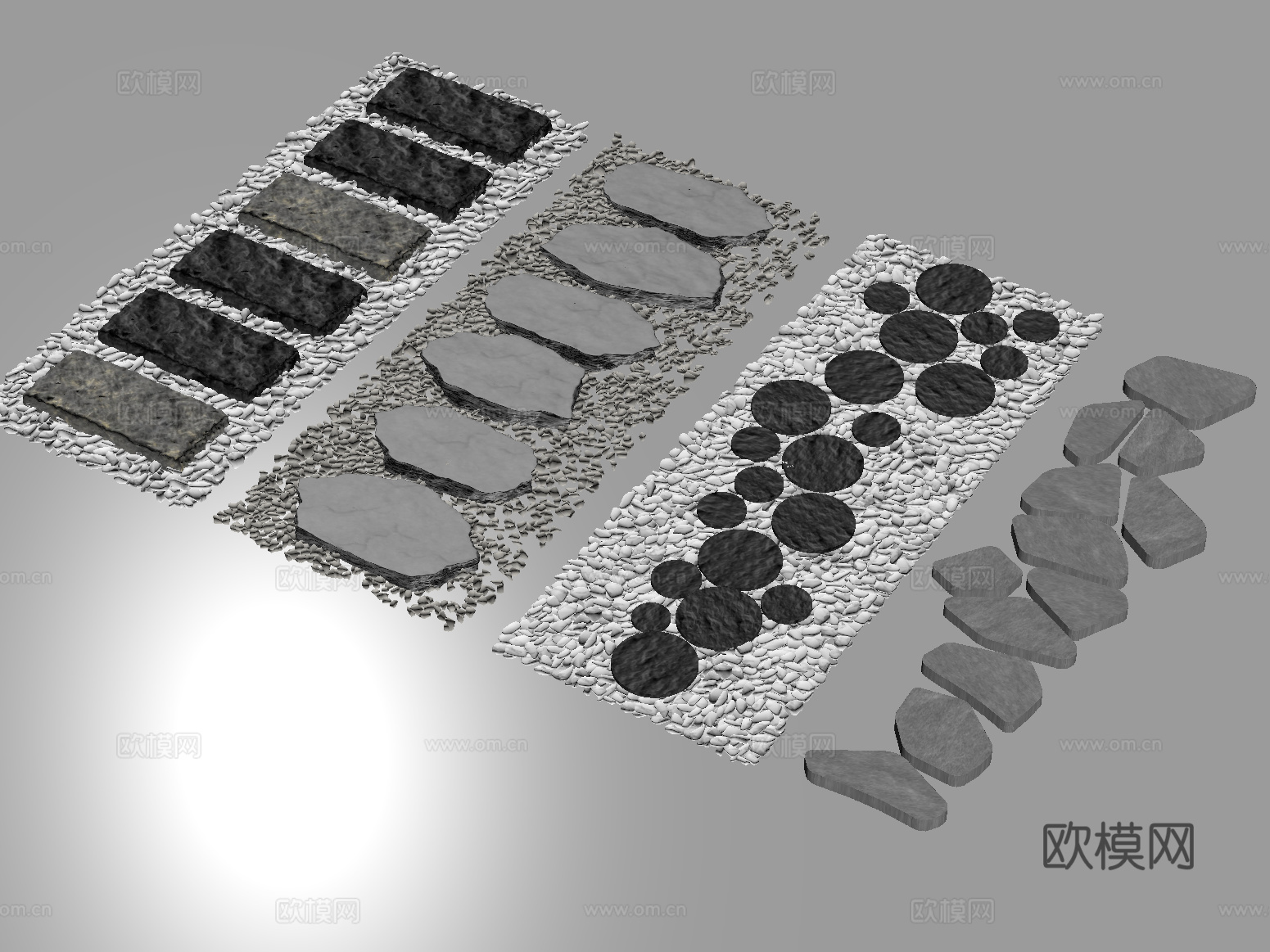 新中式汀步 园林石板路 碎石步道su模型