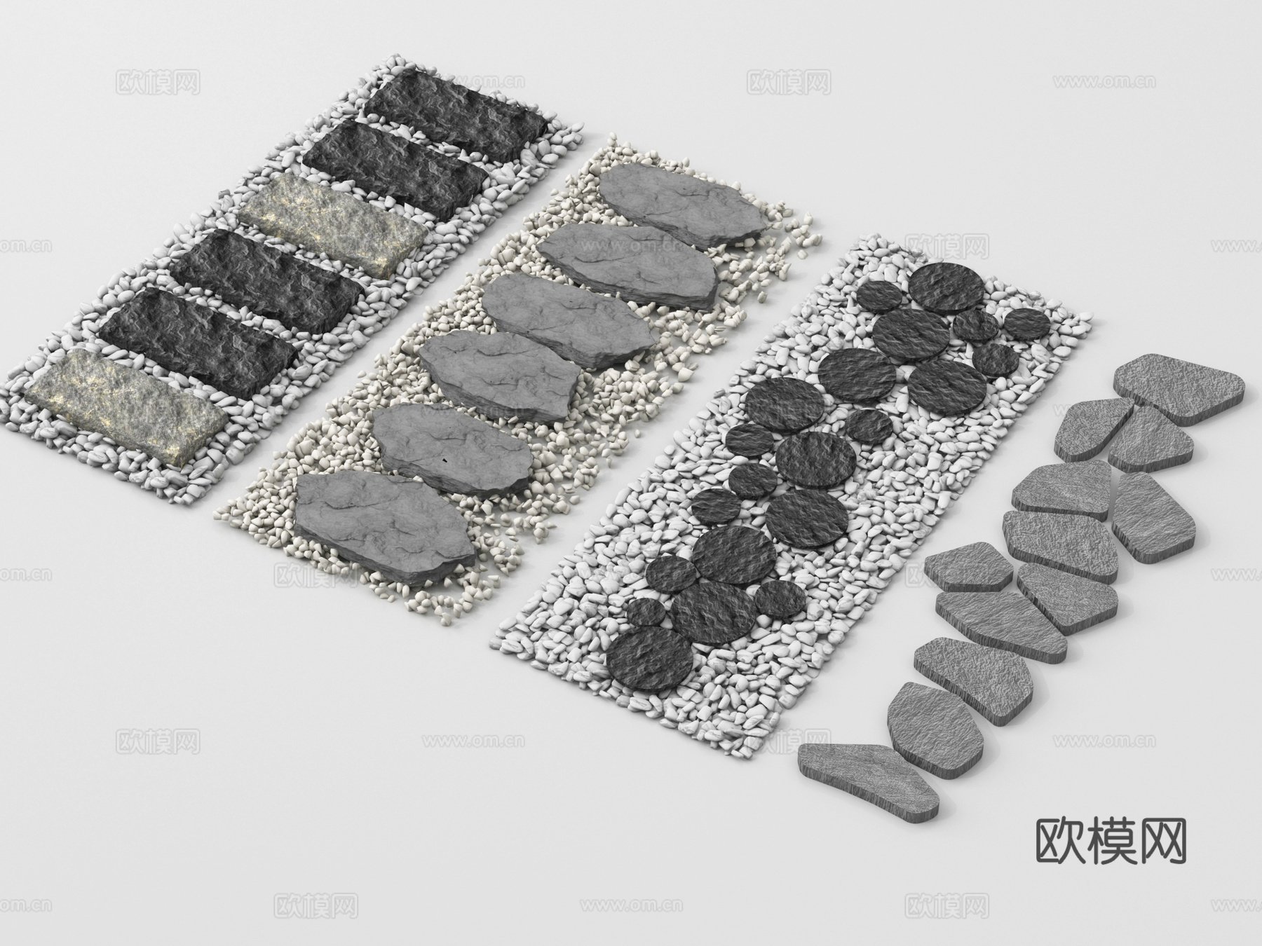 新中式汀步 园林石板路 碎石步道su模型