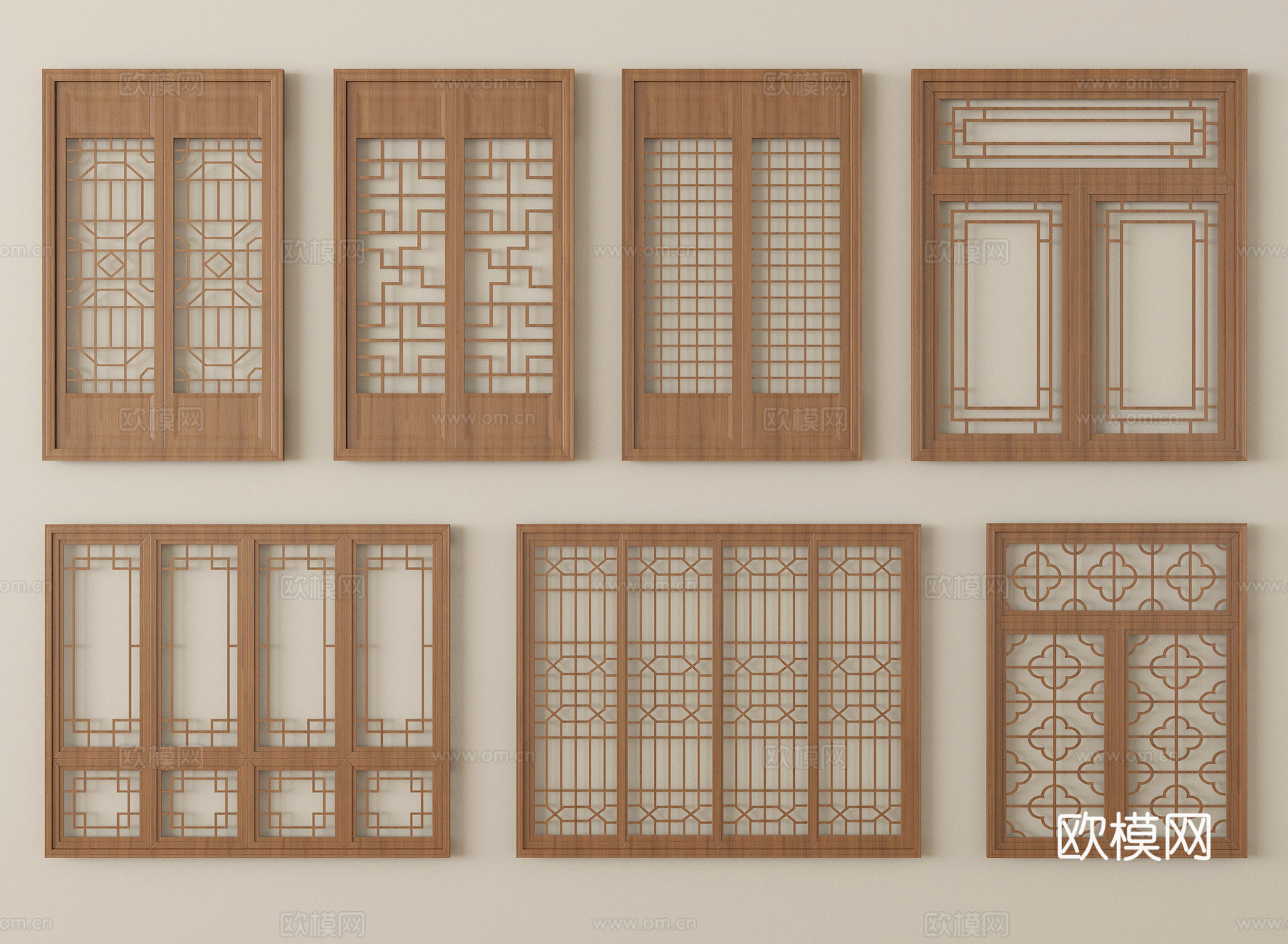 新中式镂花窗 雕花窗 花格窗 木质窗su模型