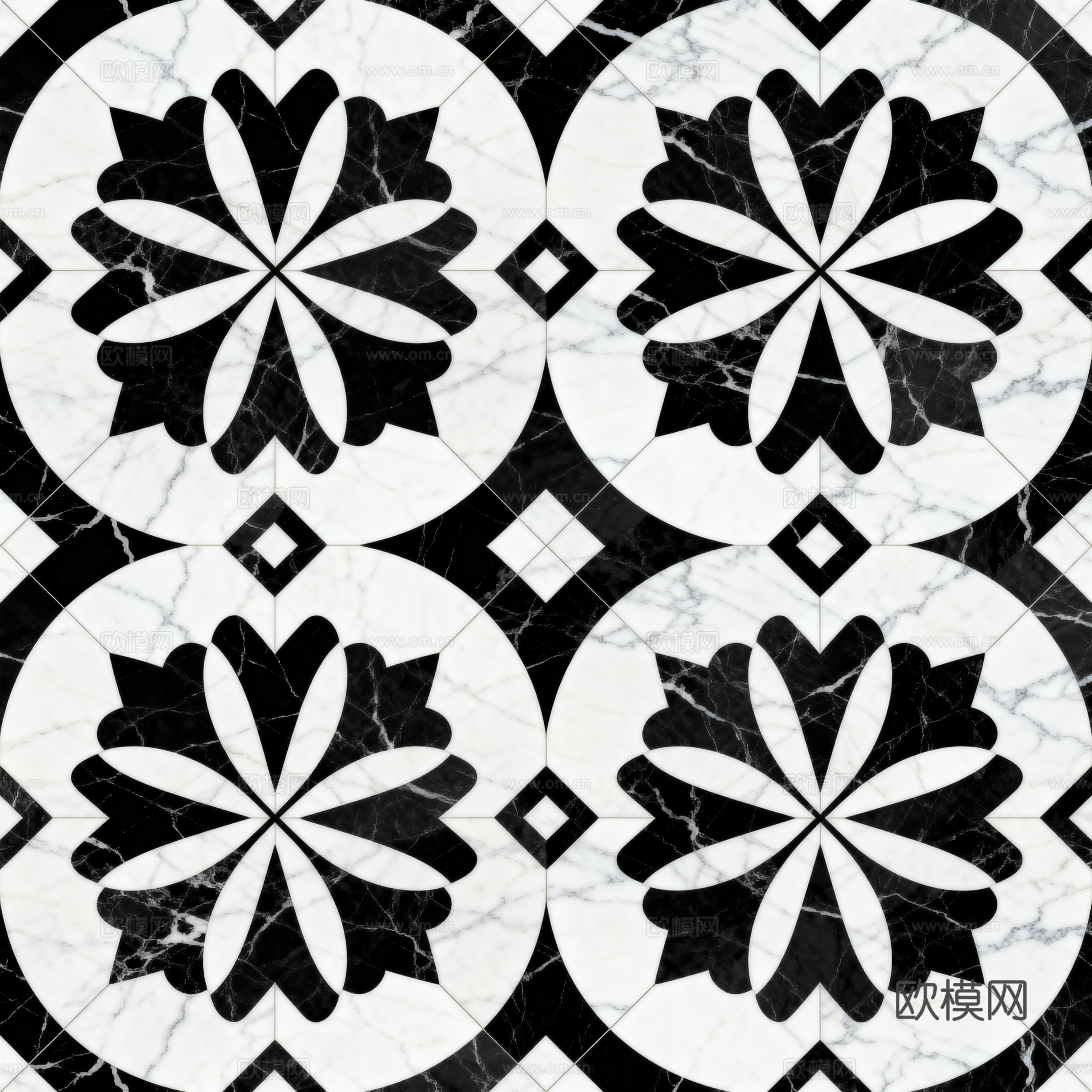 现代花砖 黑白石材拼花 花卉几何图案水刀石材拼花 石材马赛克下载