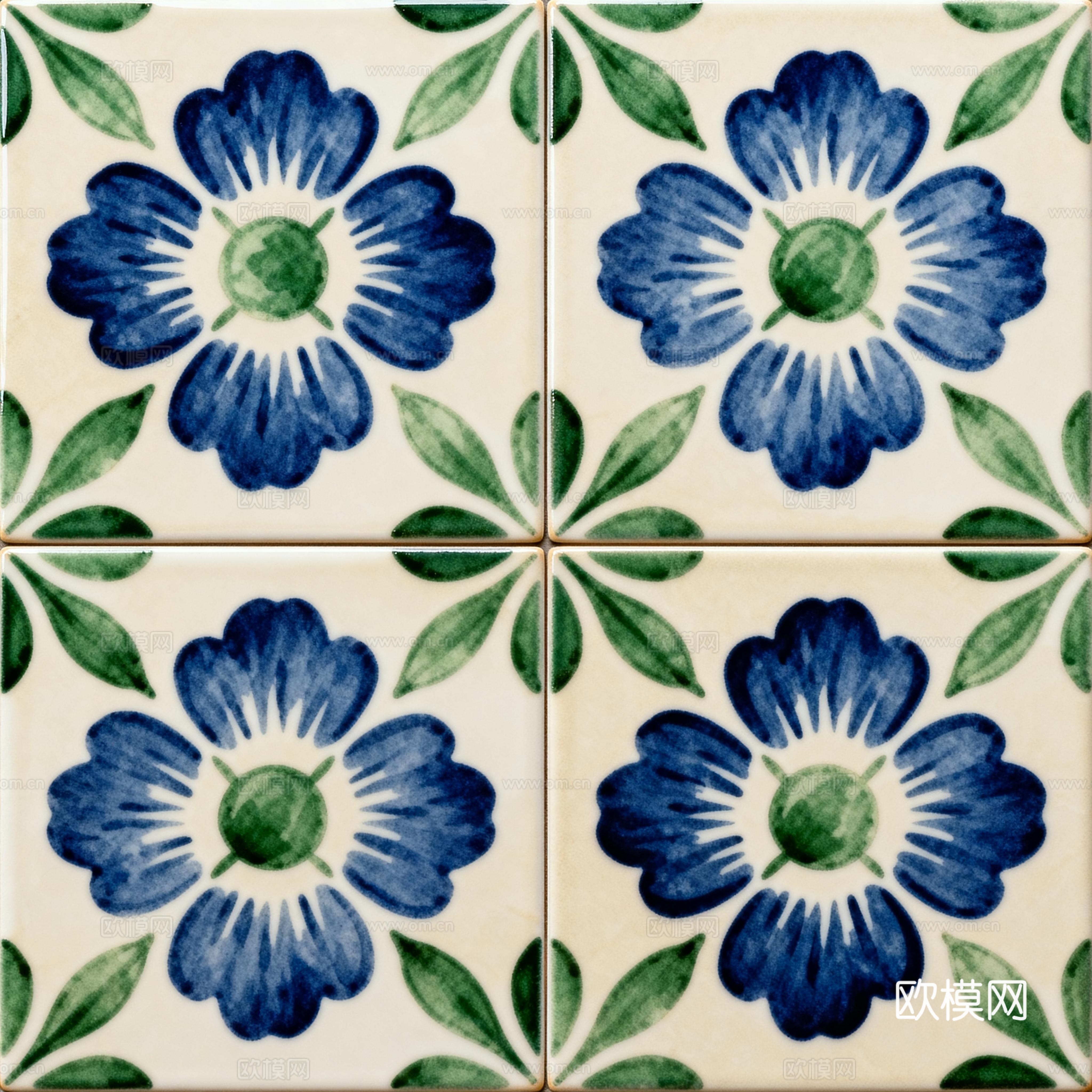 田园风 蓝绿色花砖 绿色手绘艺术花砖 工艺砖 花纹图案花砖