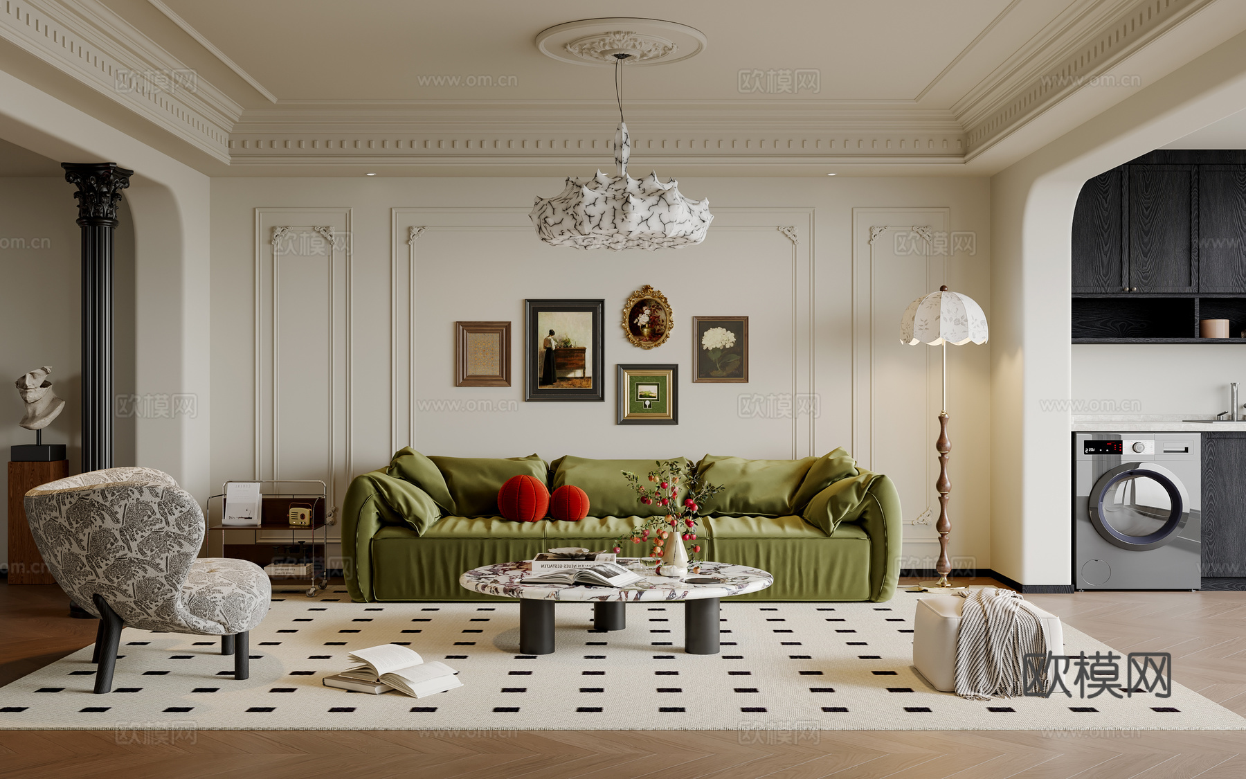 法式客厅 沙发茶几 多人沙发 休闲椅 吊灯 挂画 地毯su模型