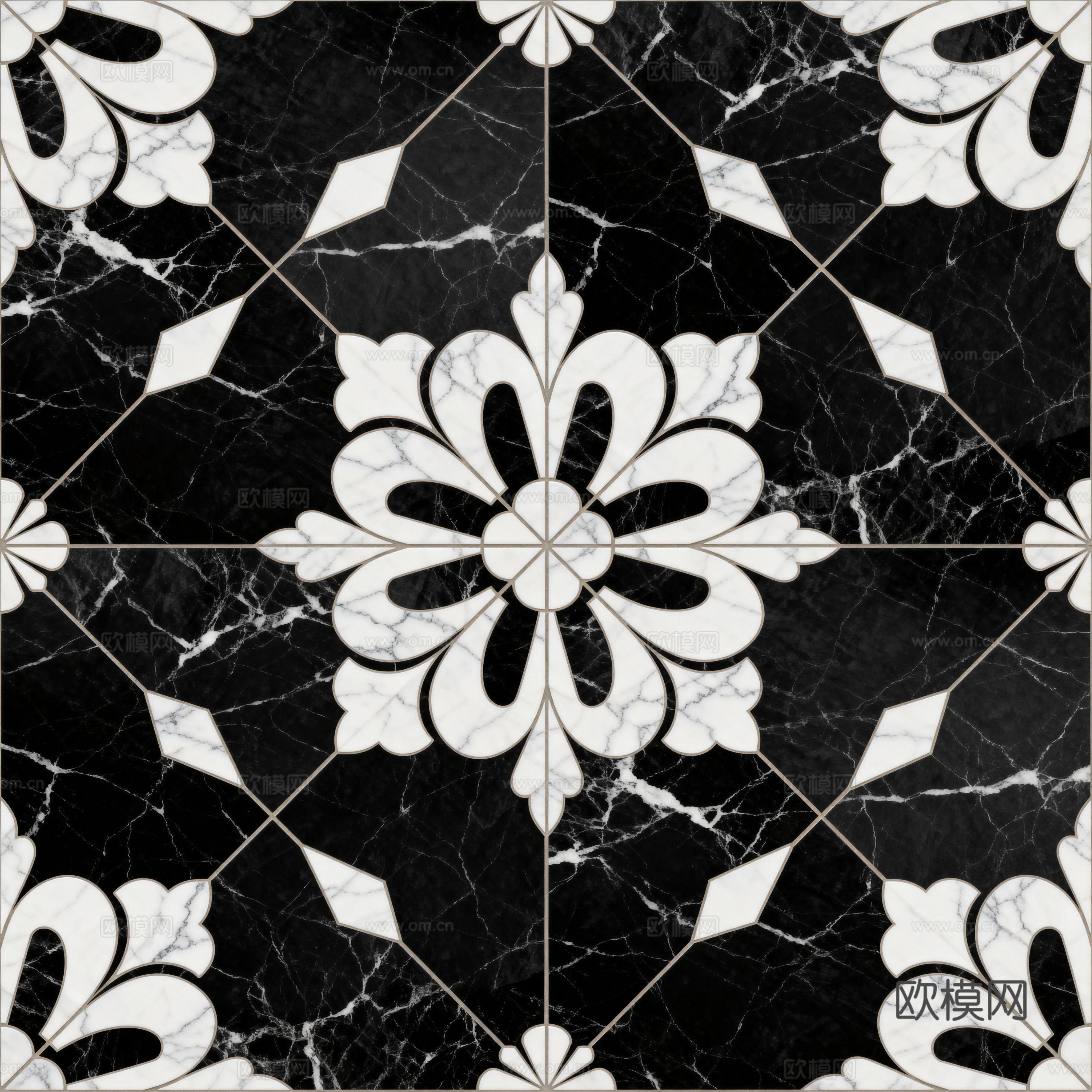 现代花砖 黑白石材拼花 花卉几何图案水刀石材拼花 石材马赛克下载