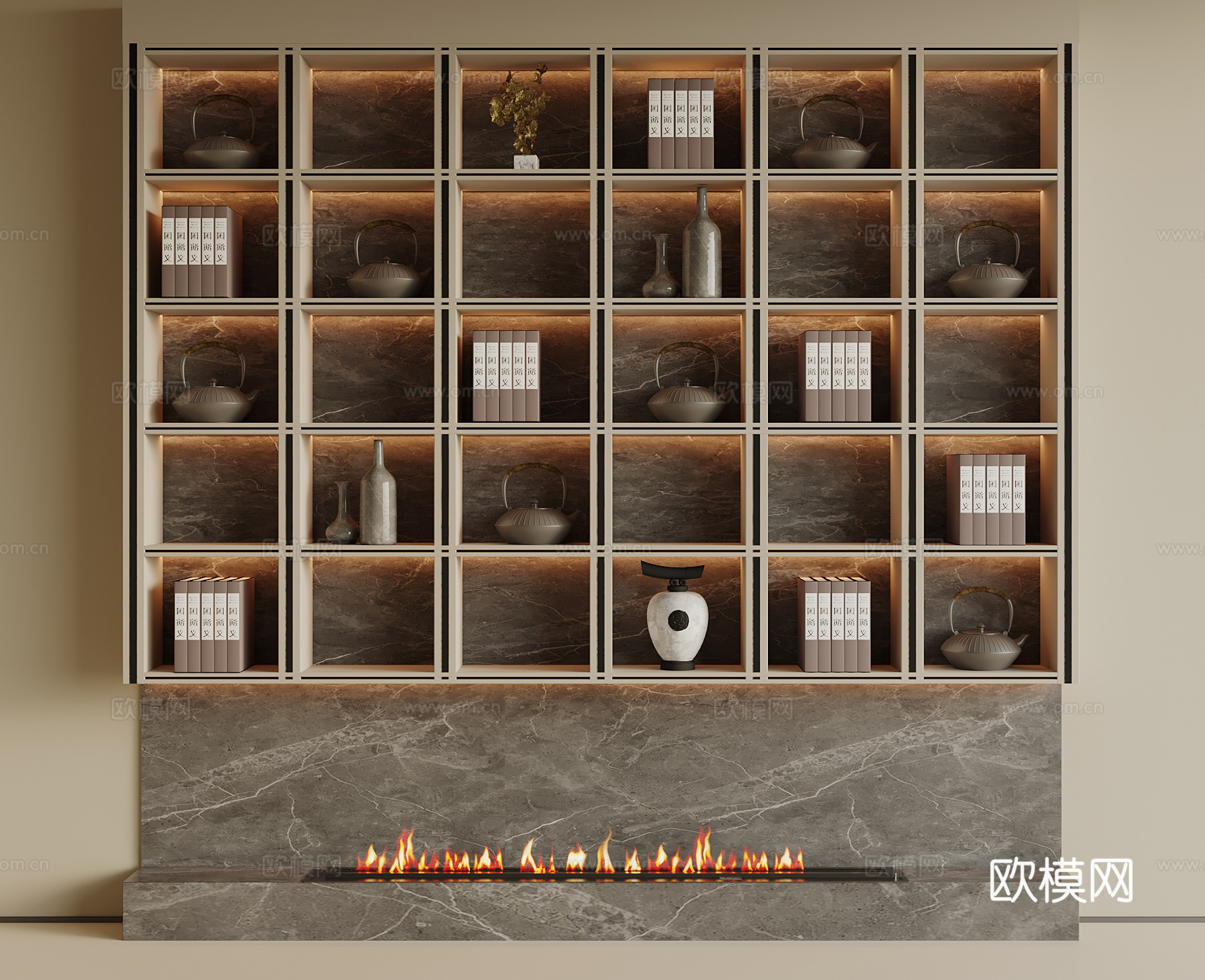 新中式储物格 装饰柜 石材柜su模型下载（渲染图1）