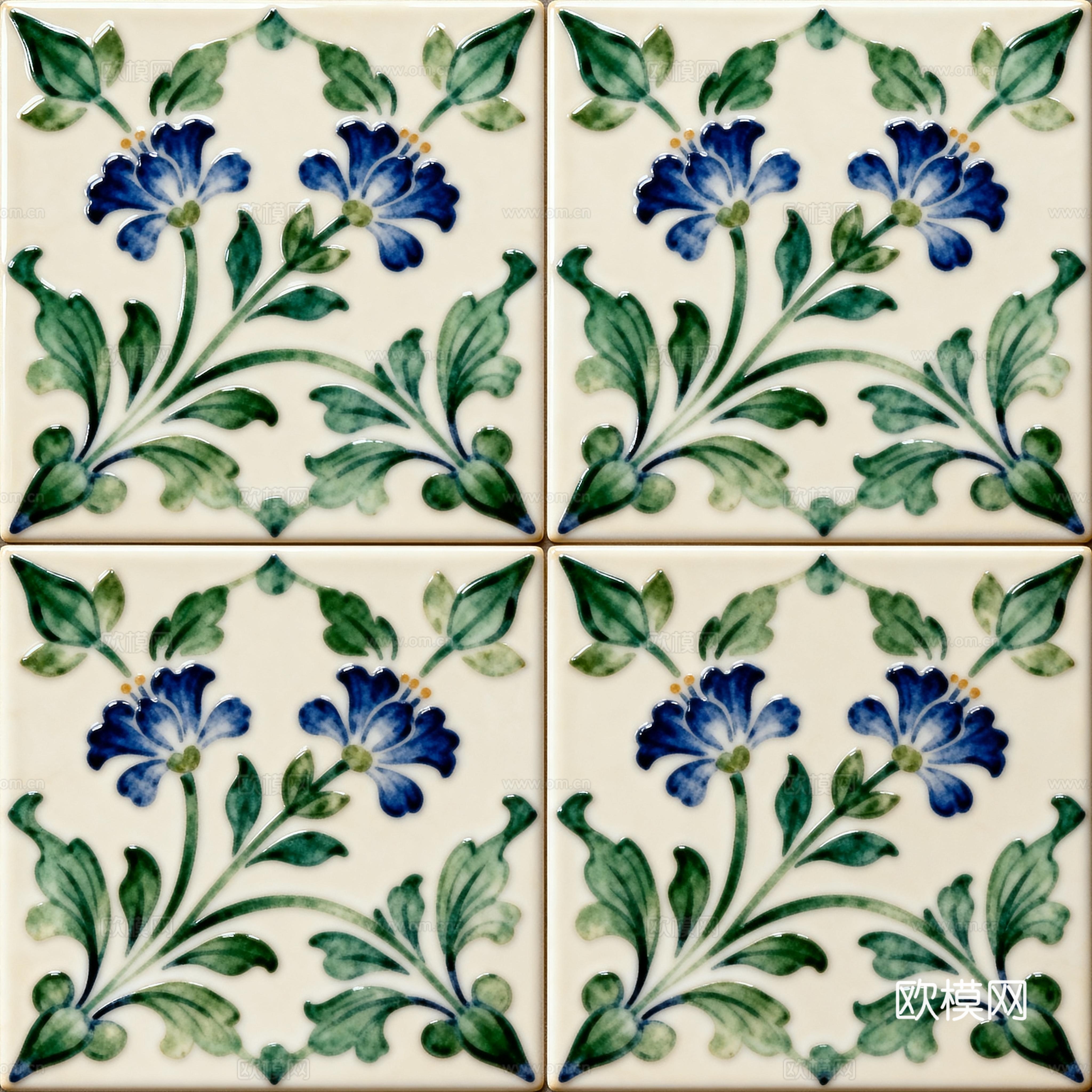 田园风 蓝绿色花砖 绿色手绘艺术花砖 工艺砖 花纹图案花砖