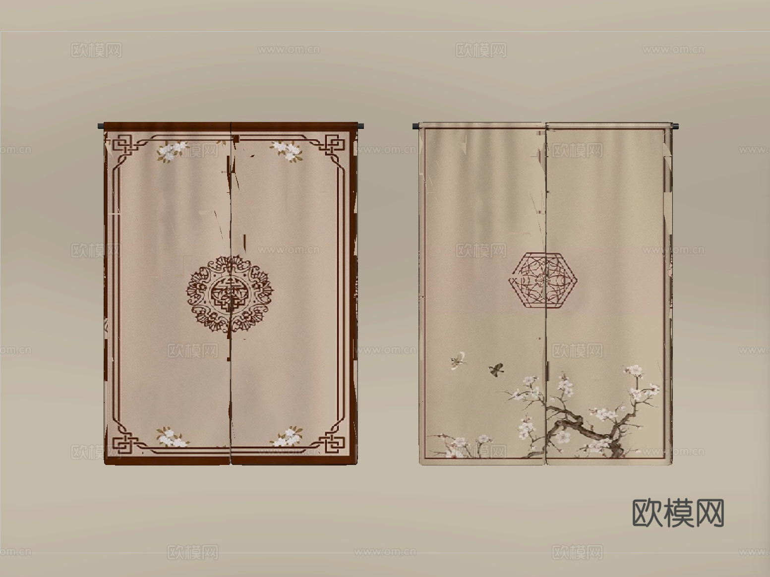 新中式窗帘 门帘 布帘su模型