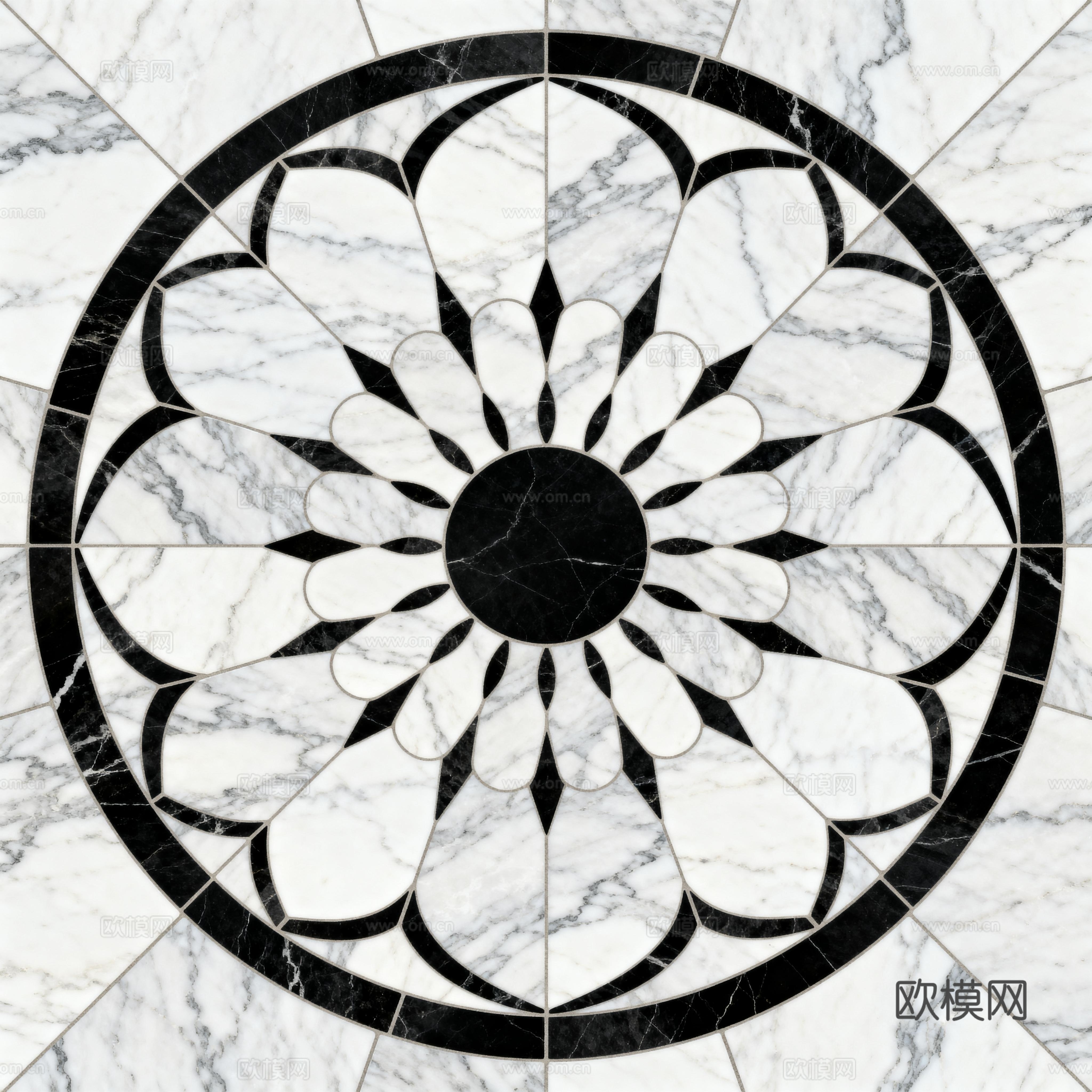 轻奢黑白拼花大理石 黑白石材圆形拼花 玄关圆形拼花