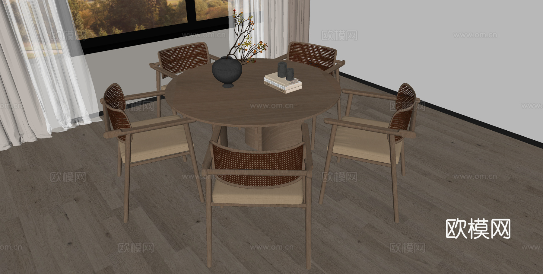 宋式餐桌椅组合 圆形餐桌 木制餐椅 木制餐桌su模型