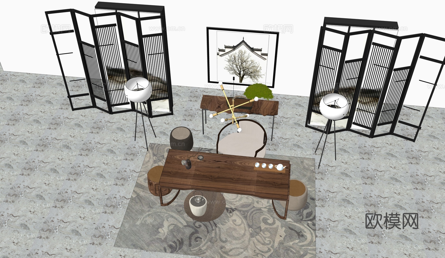 新中式茶室su模型