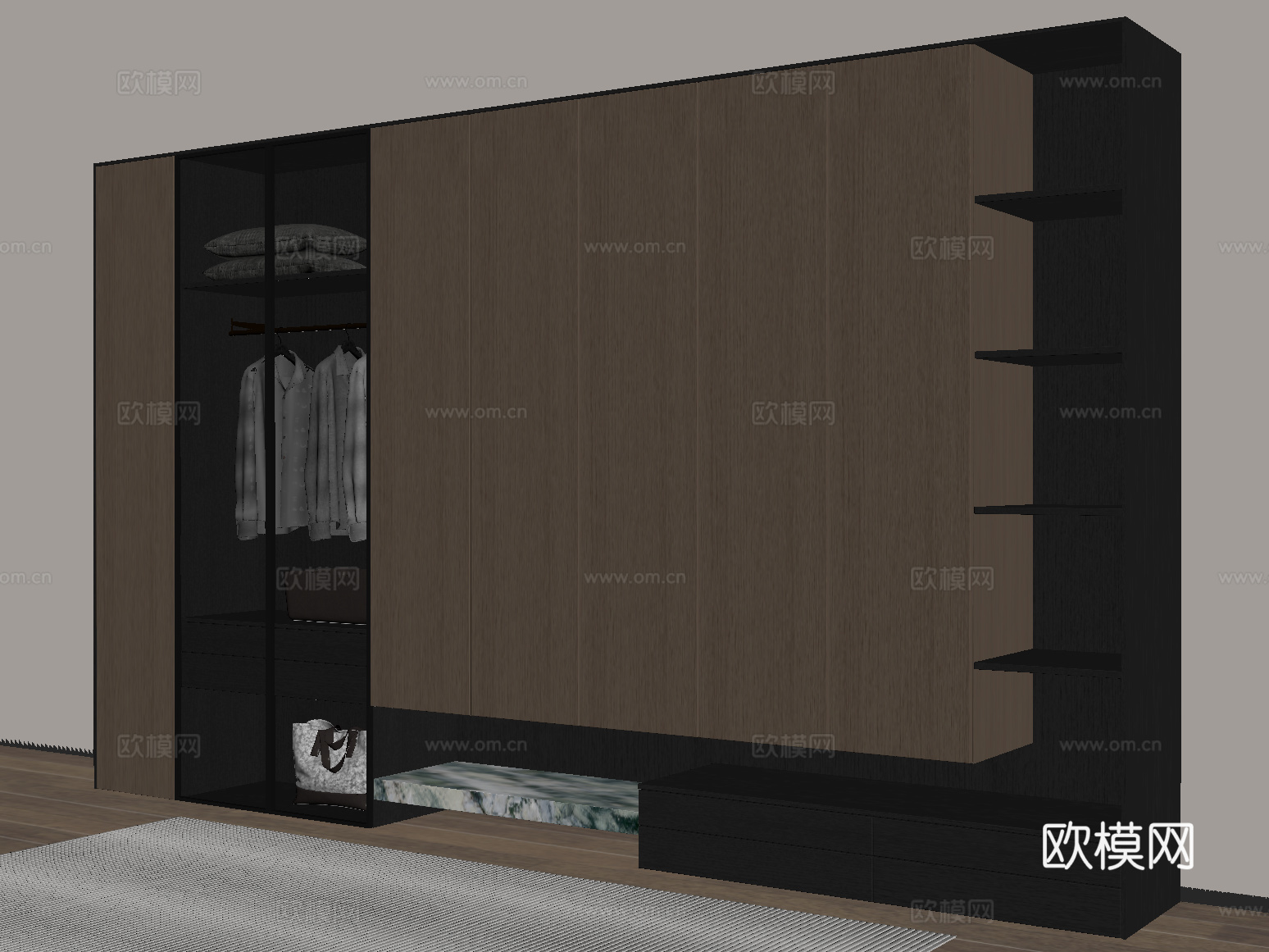 现代意式轻奢衣柜 实木 高柜 玻璃门衣柜su模型