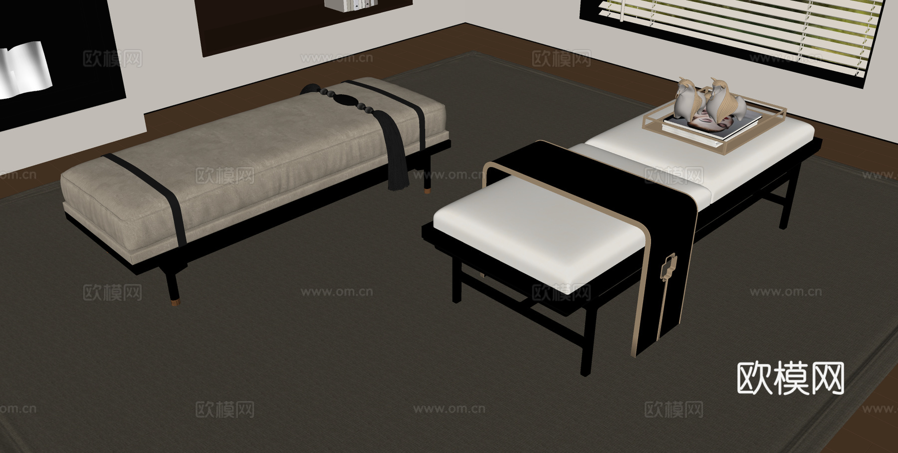 新中式床尾凳 换鞋凳 长凳 沙发凳su模型