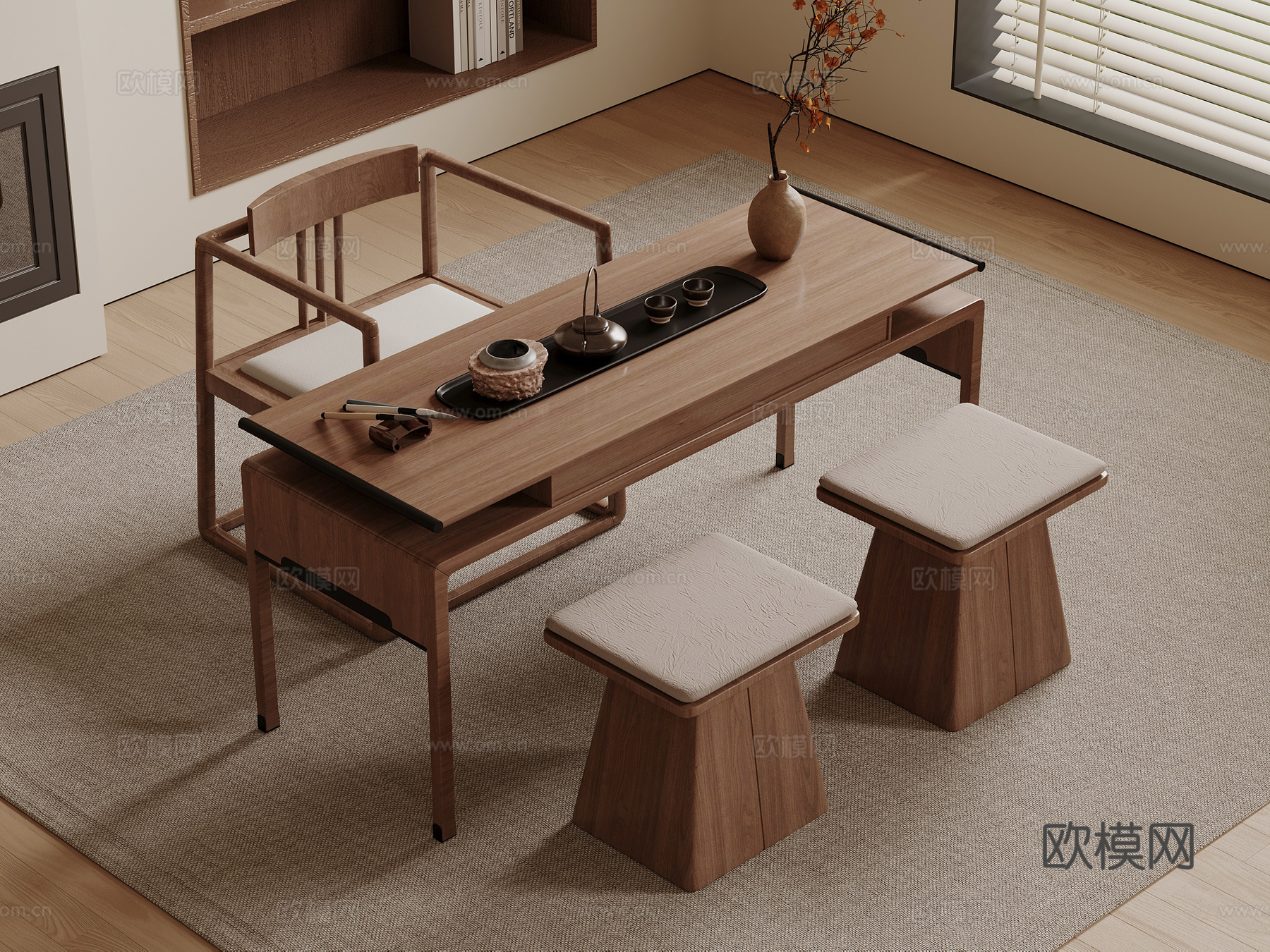 新中式单人茶台 长形茶桌 画案 书法桌su模型