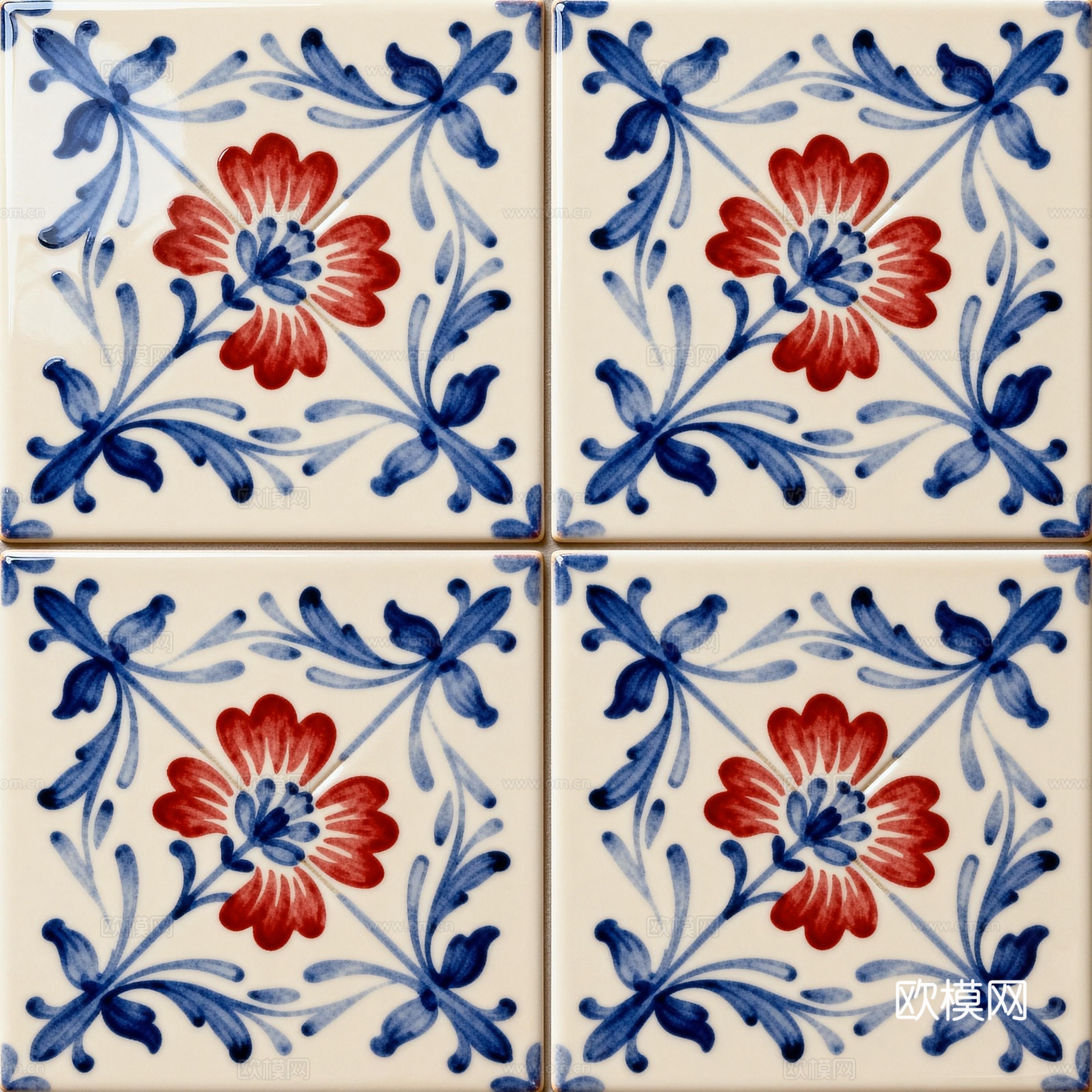 中古风 诧寂风工业风蓝红白色花砖 花卉图案手工瓷砖
