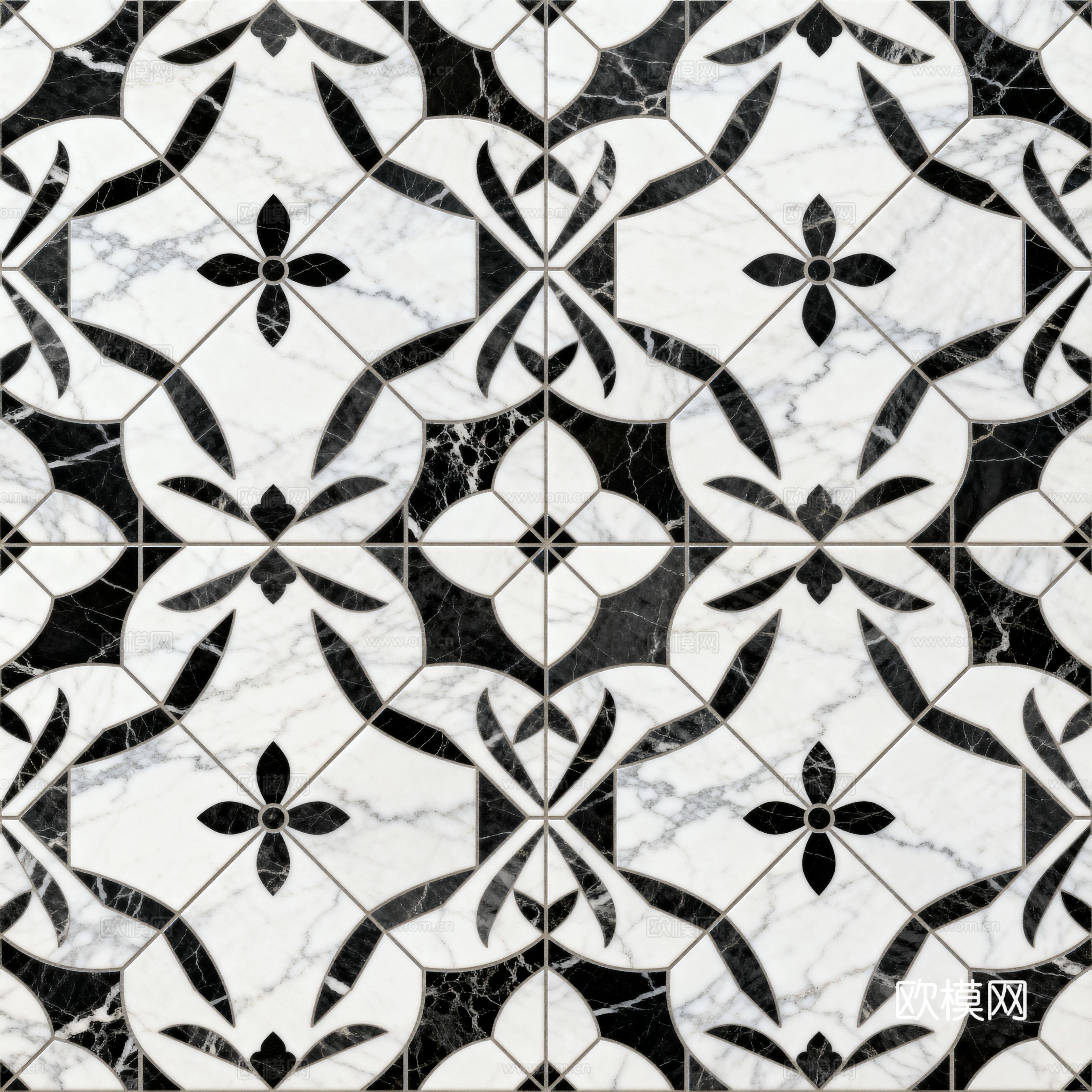 现代花砖 黑白石材拼花 花卉几何图案水刀石材拼花 石材马赛克下载