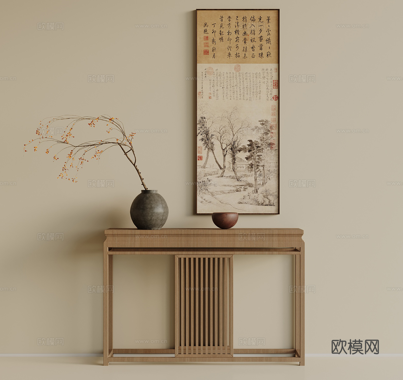 新中式端景 木制端景桌 装饰画 盆景su模型