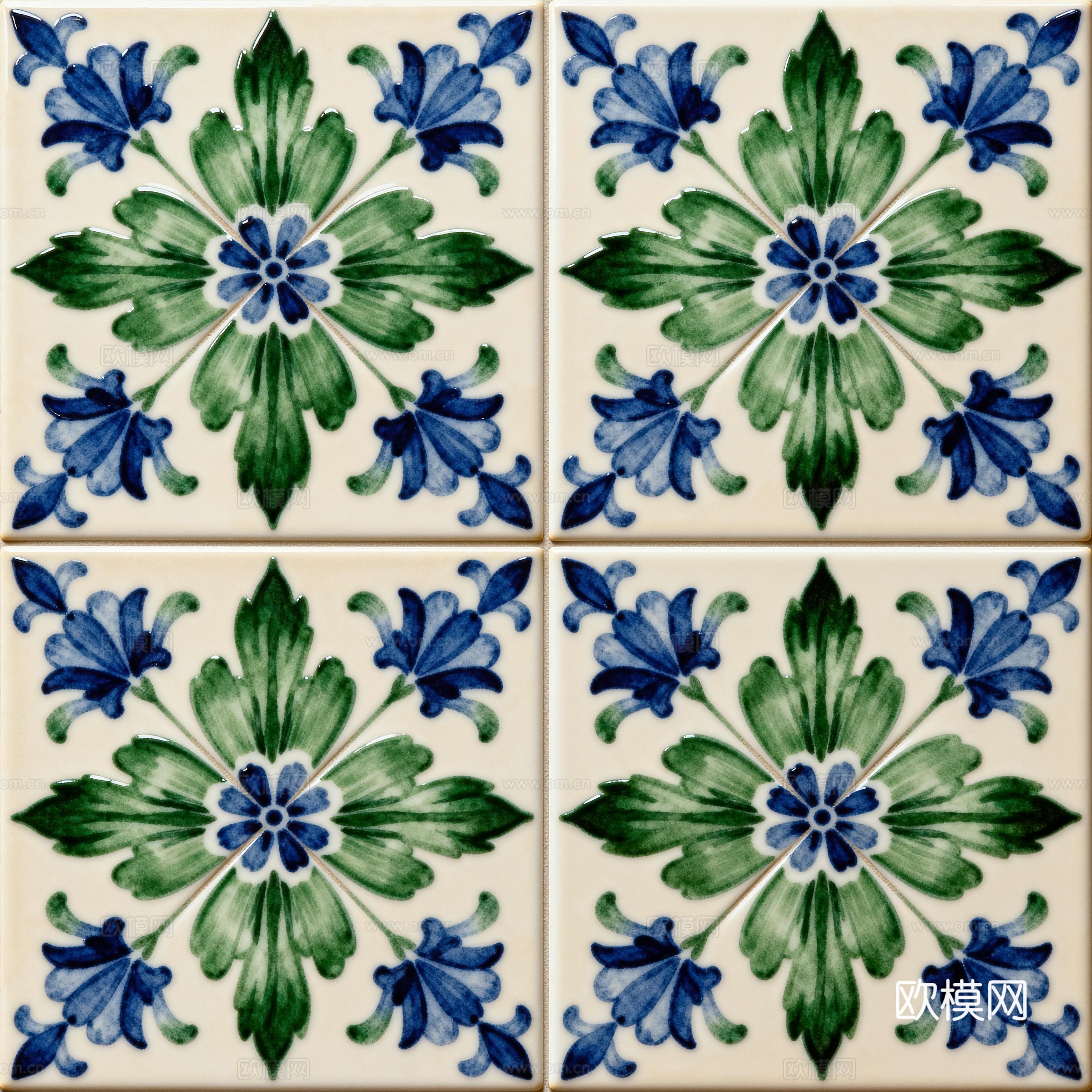 田园风 蓝绿色花砖 绿色手绘艺术花砖 工艺砖 花纹图案花砖