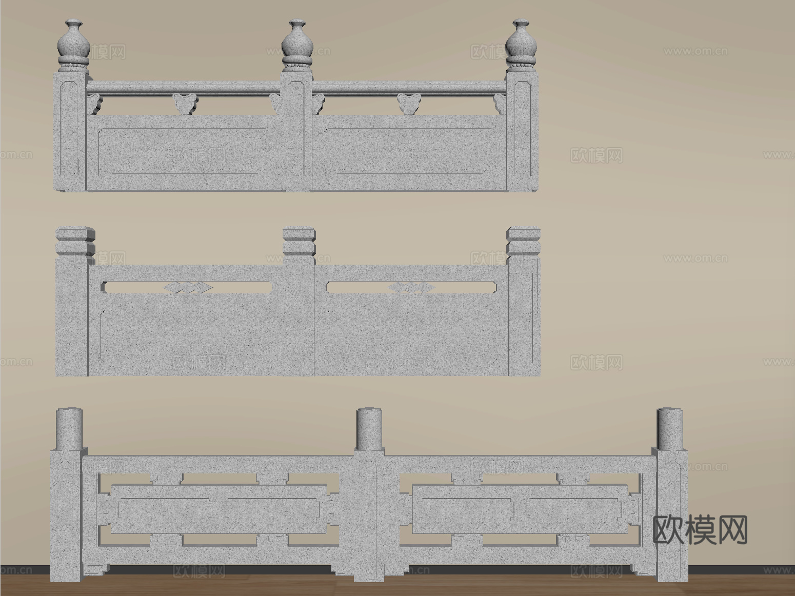 中式汉白玉护栏 桥栏杆 石头栏杆su模型