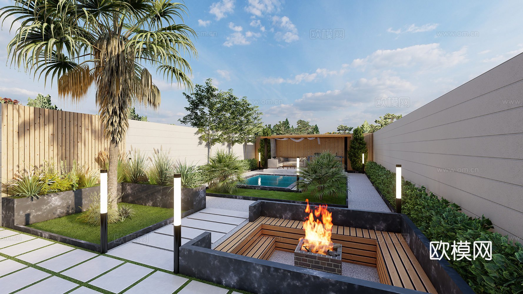 花园 庭院花园 后院 别墅后院 泳池 私人泳池 游泳池 景观su模型