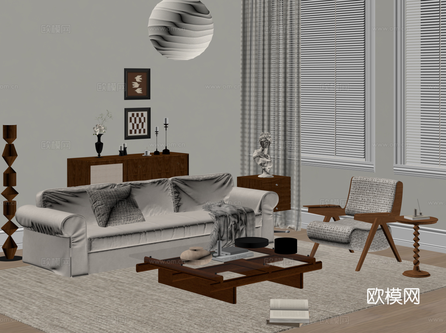 中古风客厅 沙发茶几组合 休闲椅 边柜su模型