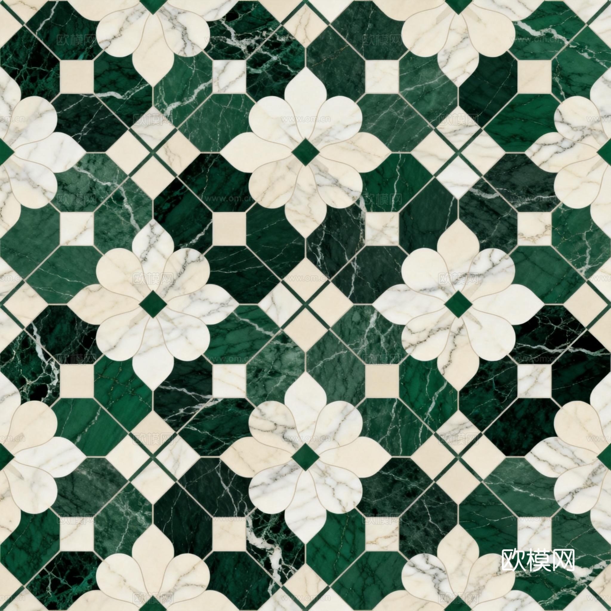 绿白色石材拼花 花卉图案水切刀拼花石材 绿色石材拼花马赛克