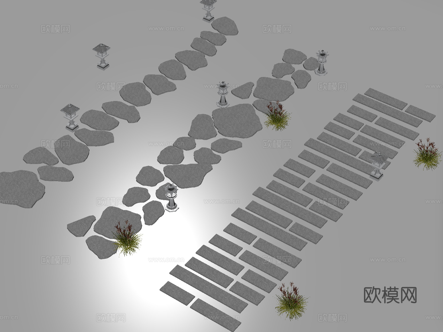 现代汀步 青石板 园路铺装 地面铺装su模型su模型