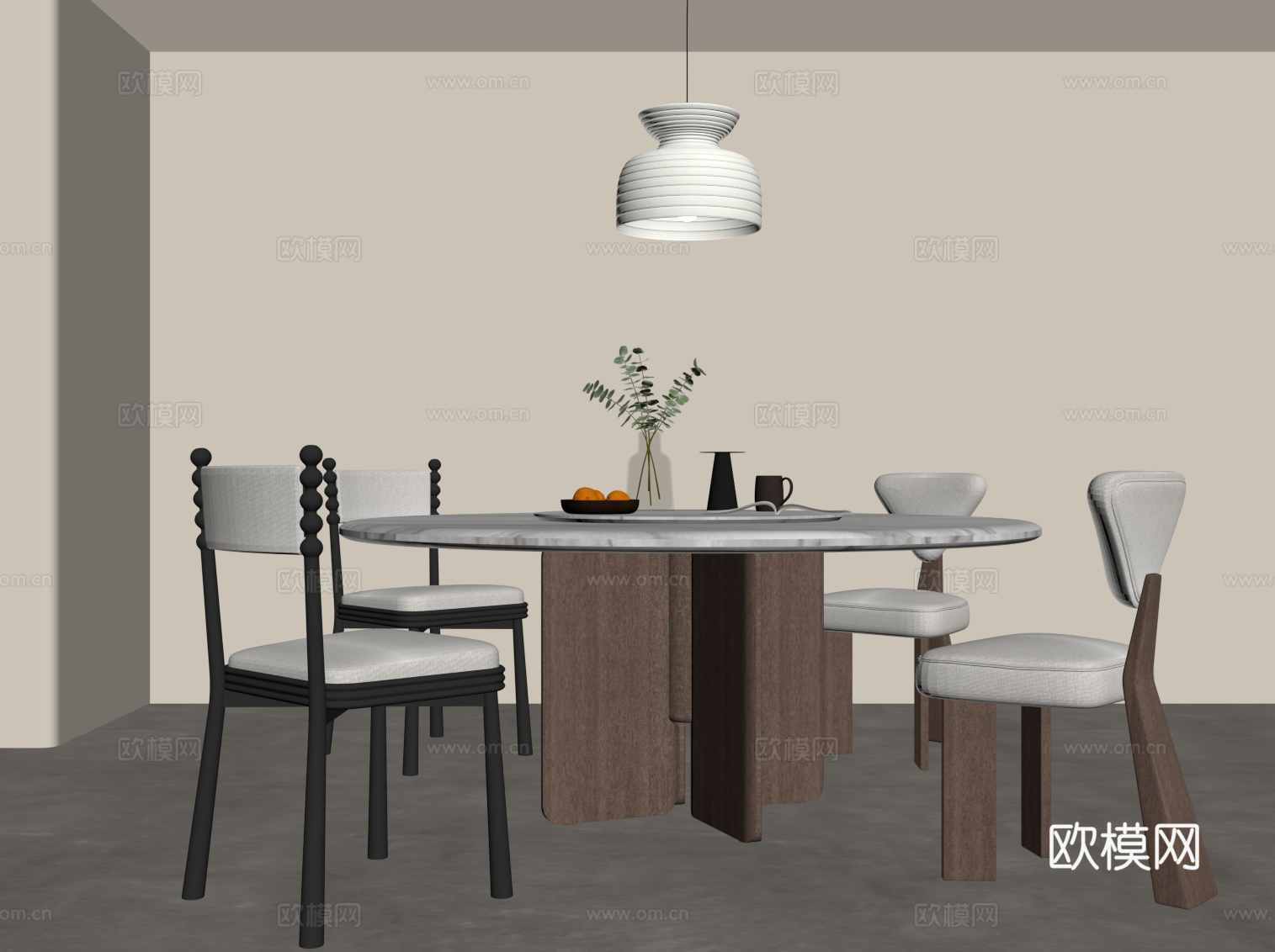 现代中古风餐桌椅 圆桌su模型