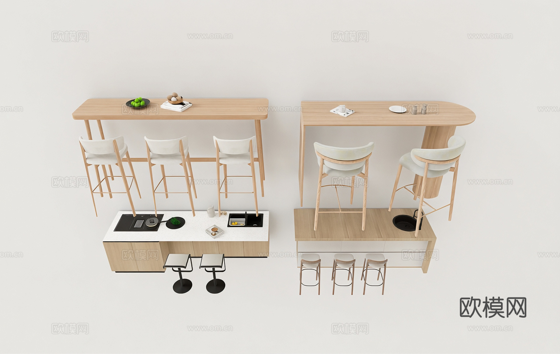 现代简约厨房吧台 岛台 岩板台面 实木柜体 高脚凳su模型