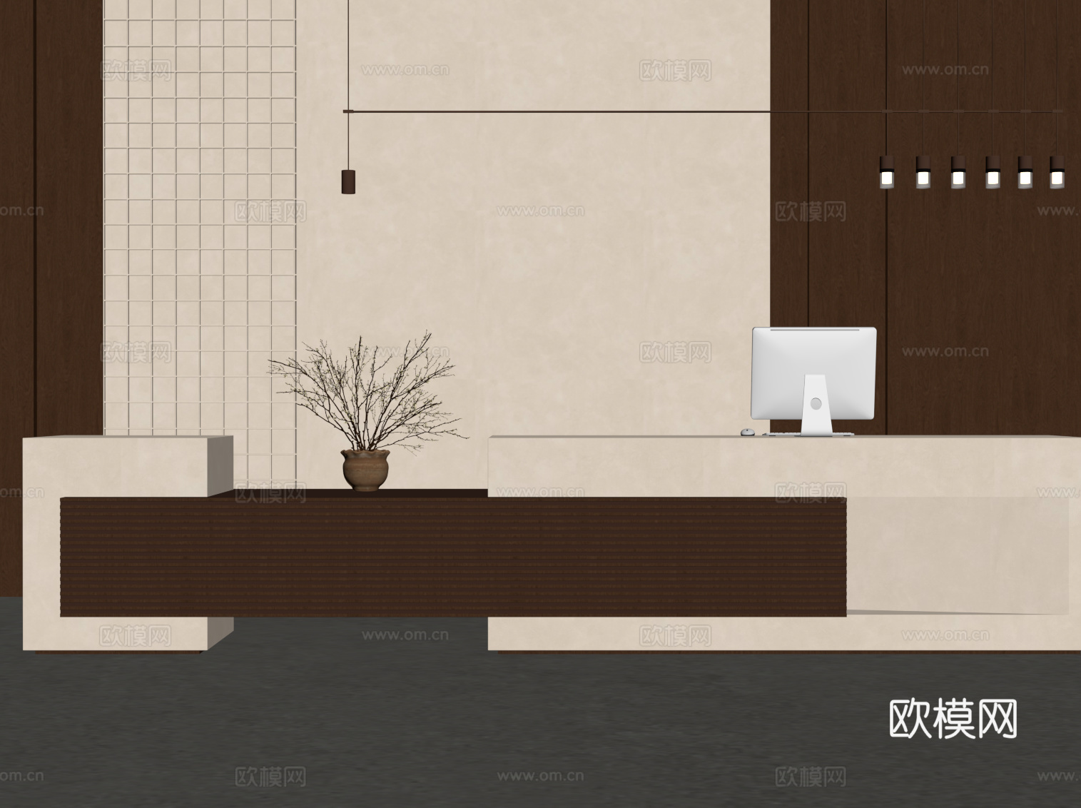 中古风接待台 吧台 背景墙su模型