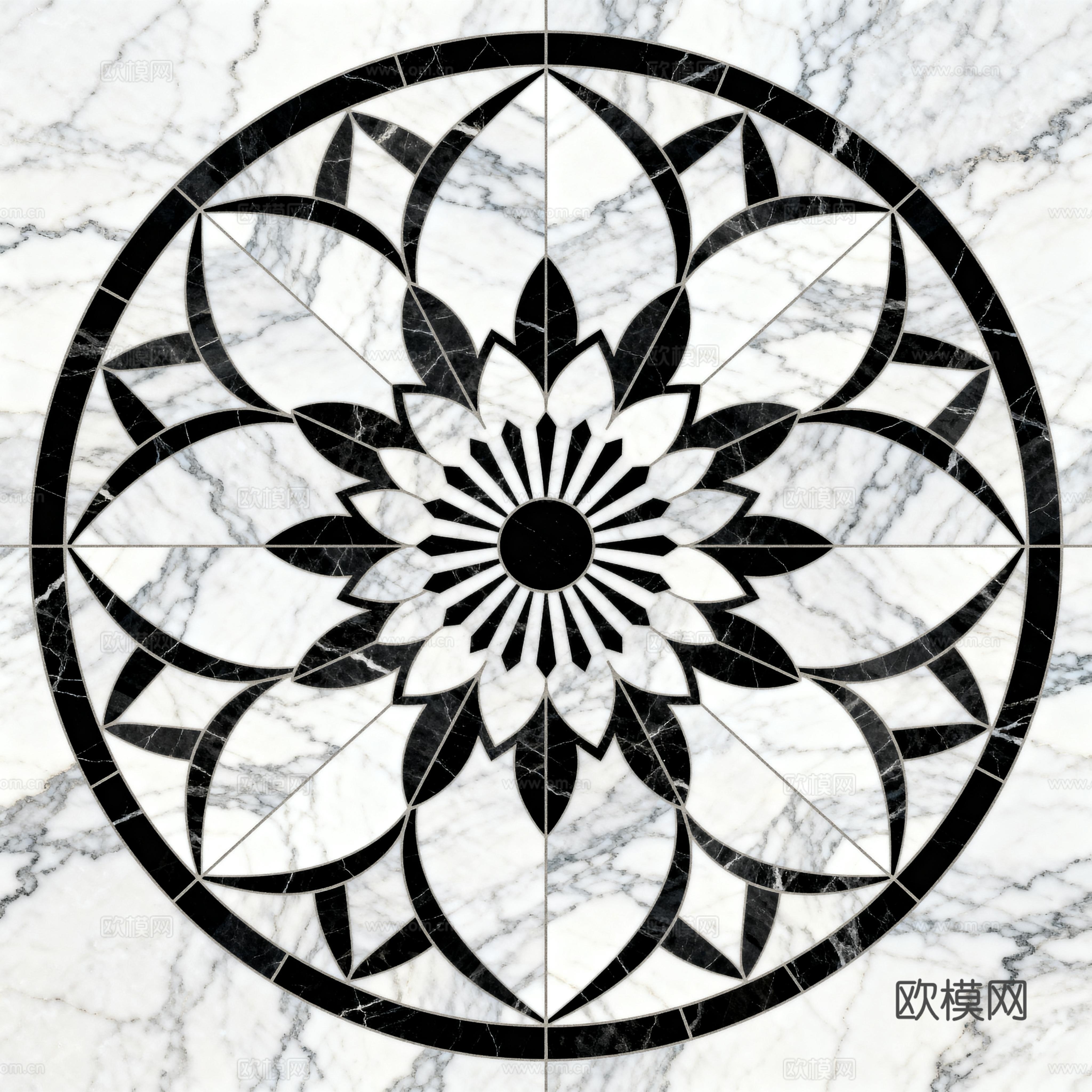 轻奢黑白拼花大理石 黑白石材圆形拼花 玄关圆形拼花
