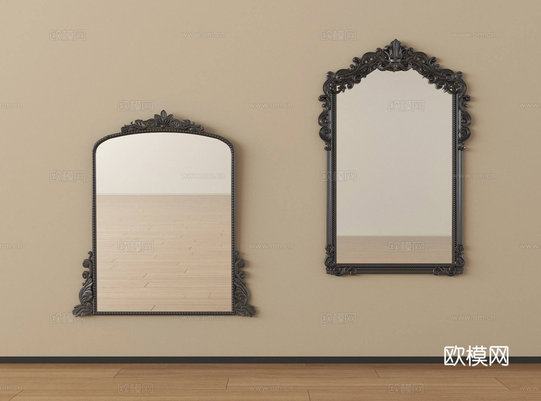 法式化妆镜 壁挂雕花镜 梳妆镜 装饰镜su模型