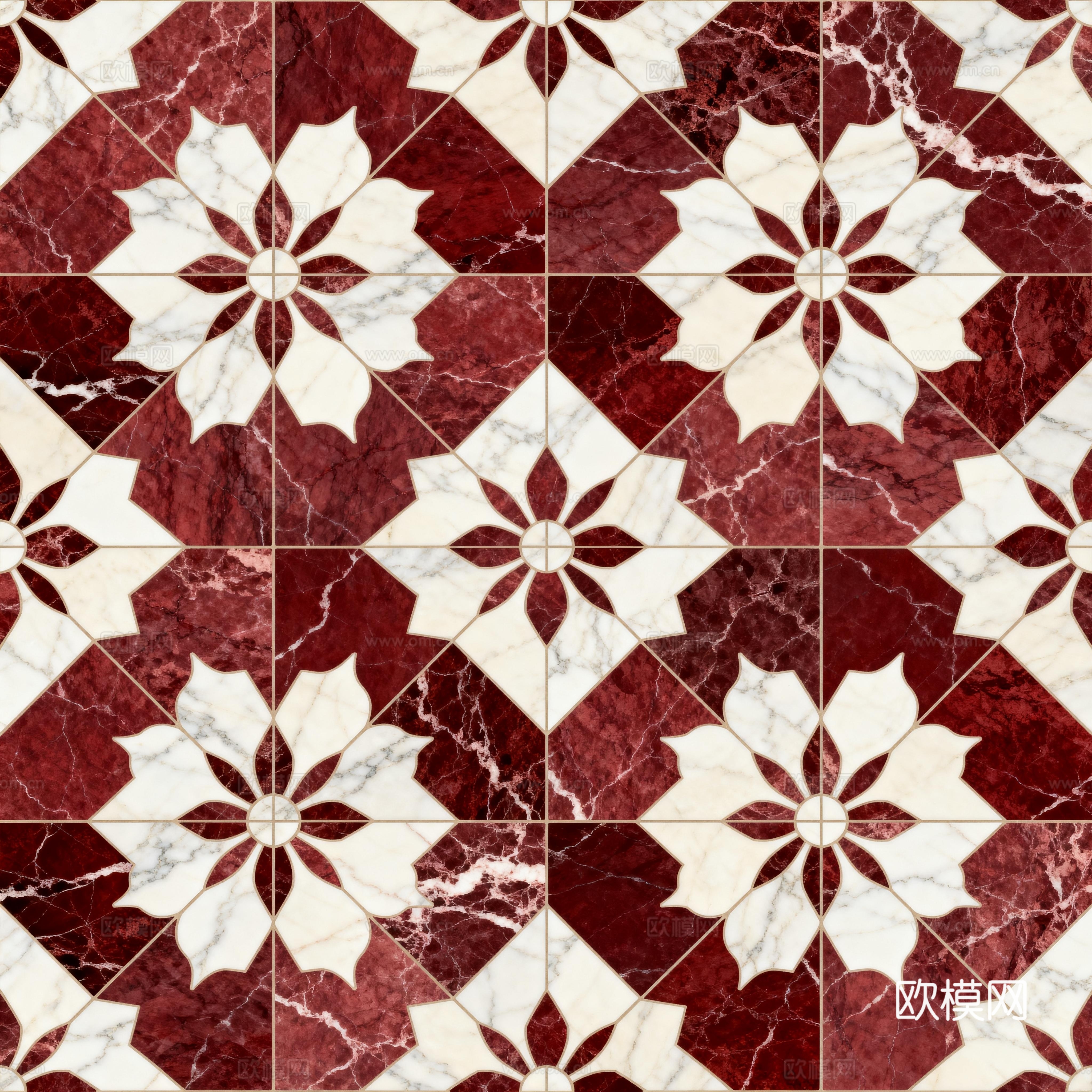 红白石材拼花 花卉几何图案水切刀拼花地砖 轻奢红白拼花大理石