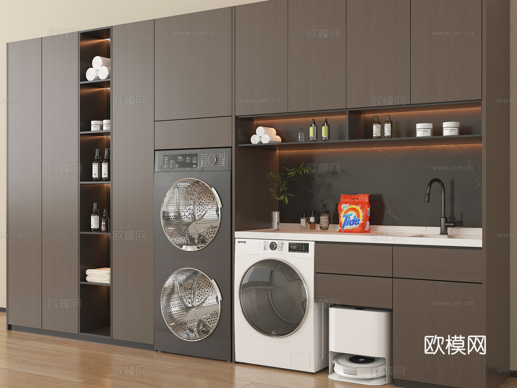 现代意式洗衣机柜 洗衣机 洗烘一体机 扫地机器人 卫浴小件su模型